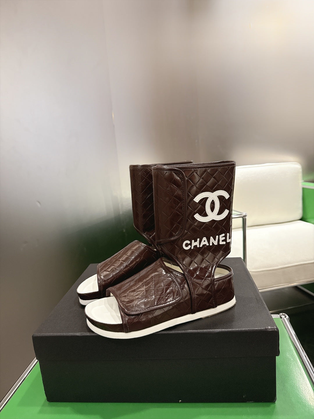 CC 26FW Quilted Open-Toe High-Top Boots Leather 171600