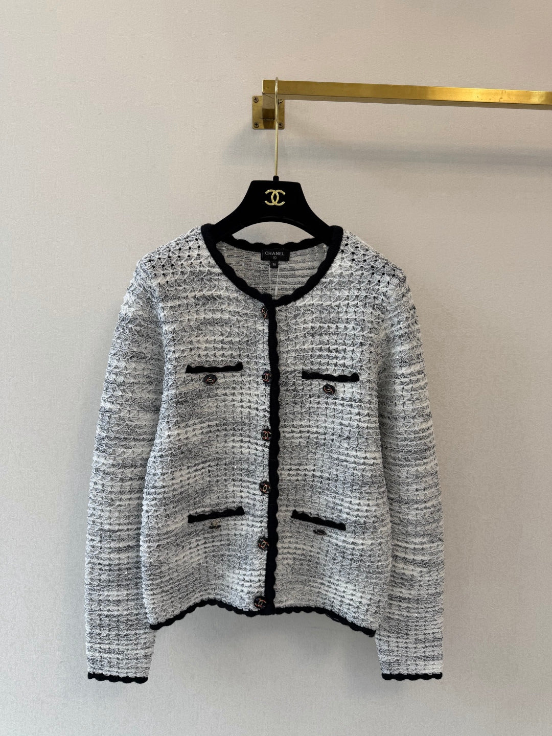 CC 26S Knit Tweed Cardigan Black Trim Front Pockets Cotton 433649