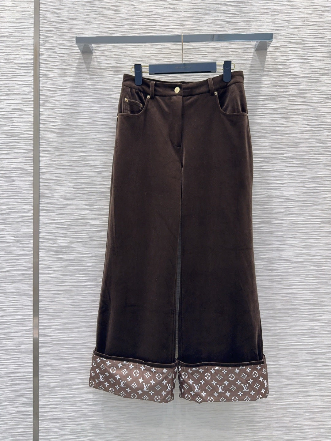 LV 26FW Wide-Leg Trousers Monogram Cuffs Polyester 436394