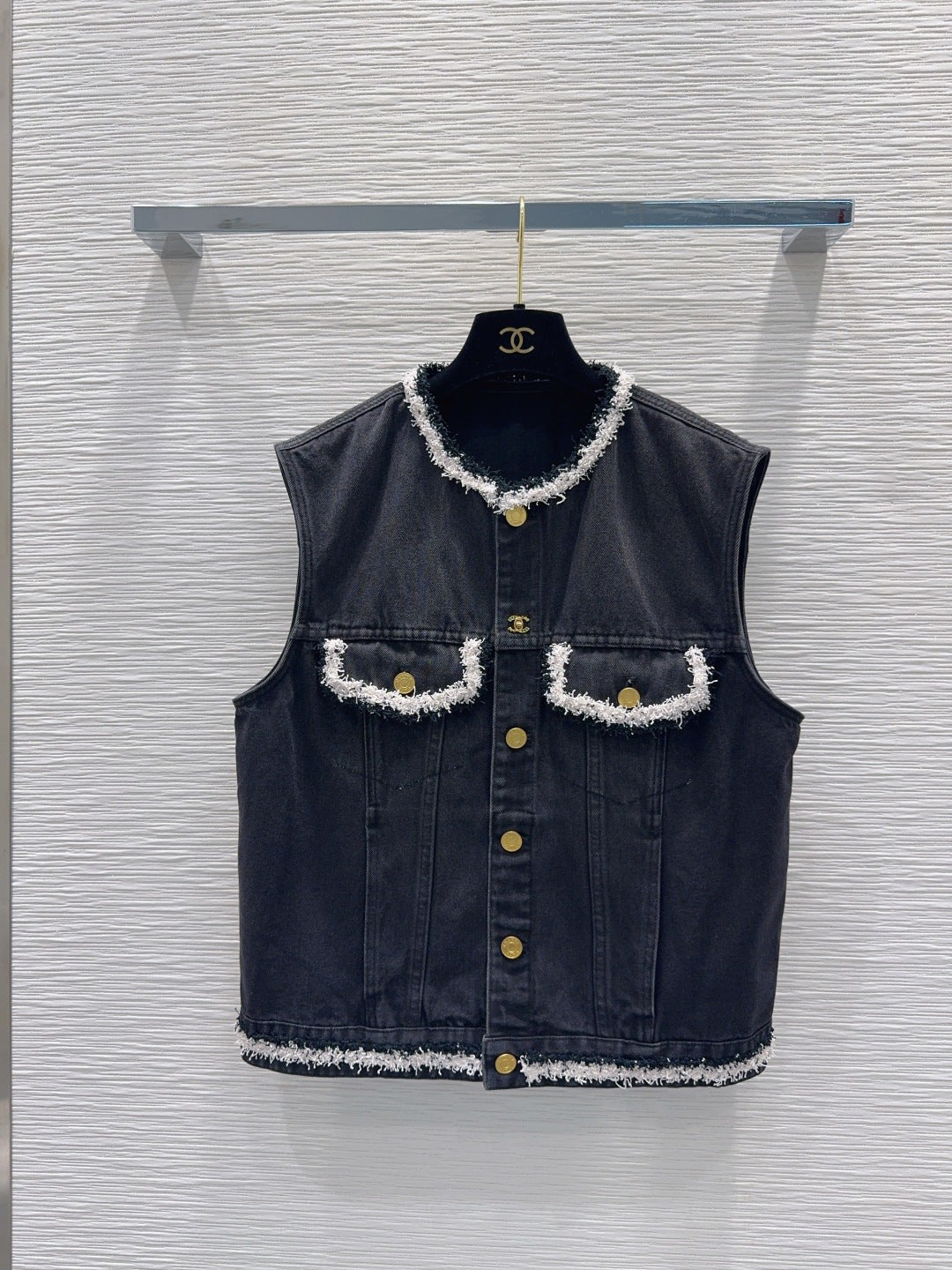 CC 26S Denim Vest Frayed Contrast Trim Gold Buttons Cotton 436527