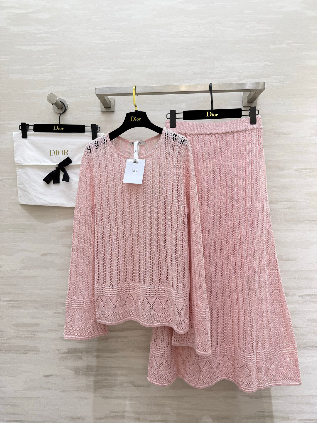 CD 26S Open-Knit Round-Neck Top & High-Waist Long Skirt Set 437198