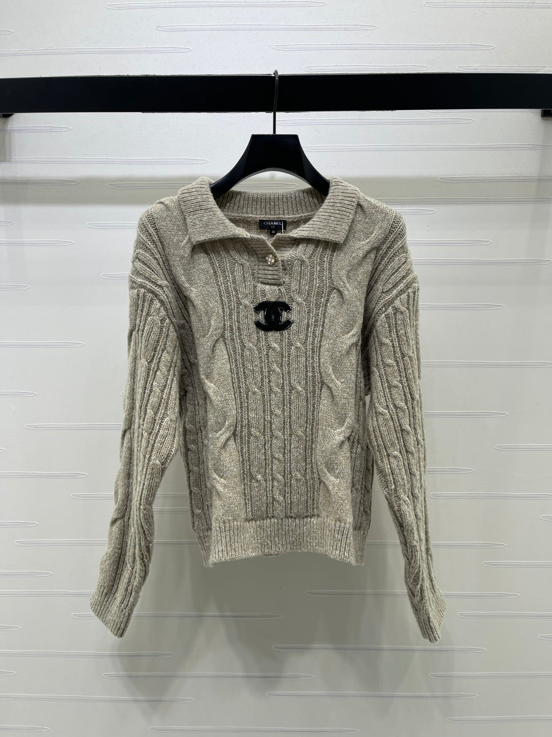 CC 26FW Cable-Knit Polo Sweater Double C Logo Patch Wool 274021