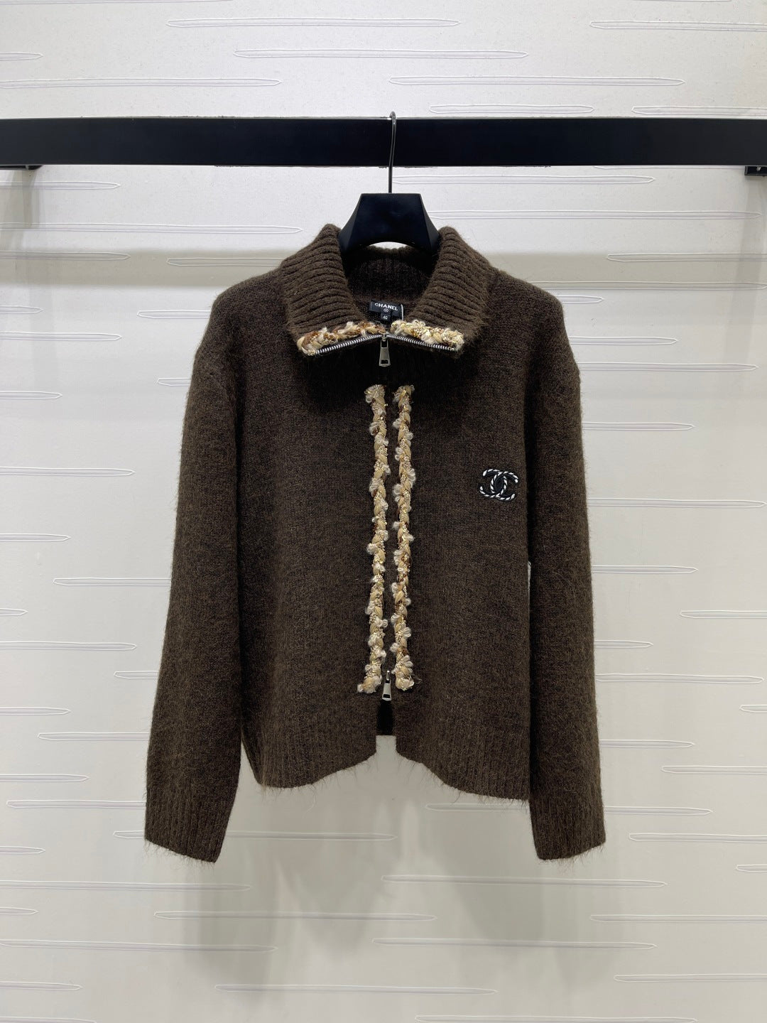 CC 26FW Textured-Trim Zip-Up Sweater CC Logo Cashmere 274028