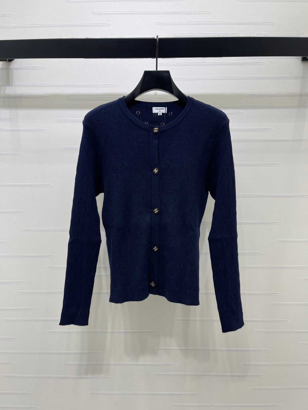 CC 26FW Ribbed-Knit Cardigan Navy Blue Wool 439897