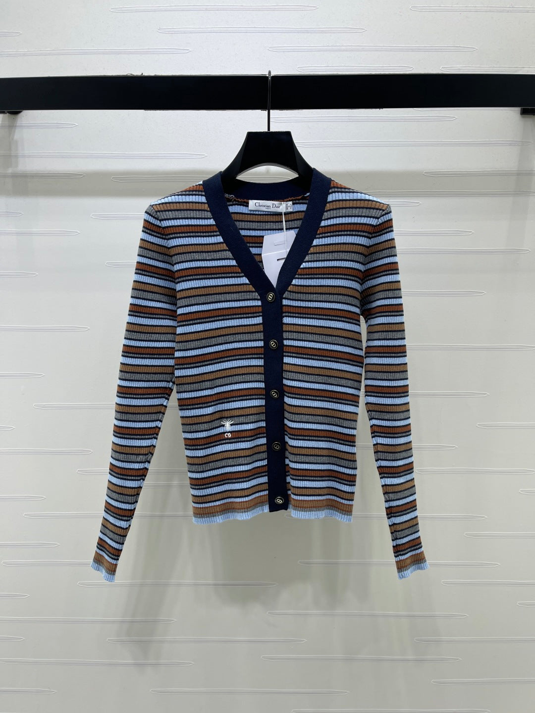 CD 26FW Striped V-Neck Cardigan Three-Tone Letter Embroidery Imported Wool 446569