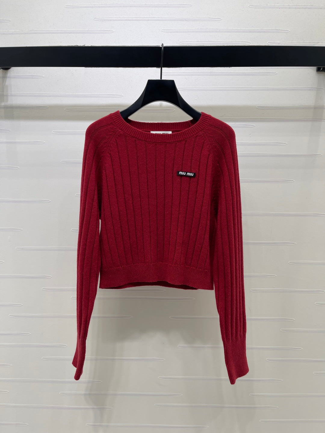 Miu 26FW Cropped Ribbed Crewneck Sweater Logo Jacquard Wool 446555