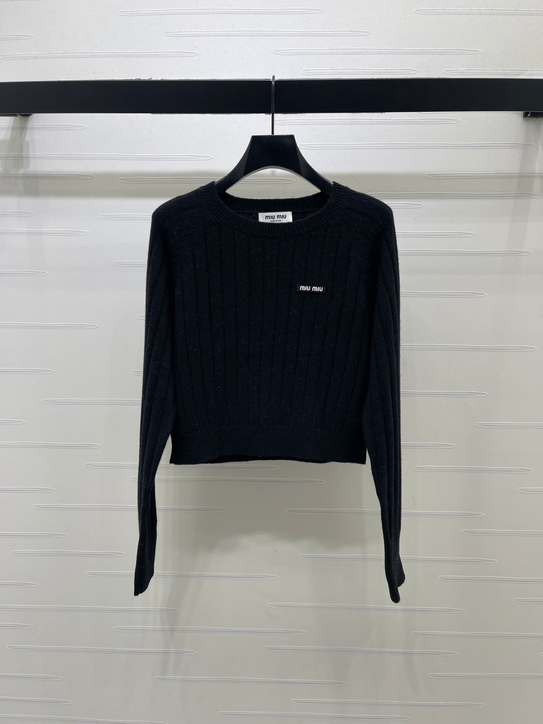 Miu 26FW Cropped Ribbed Crewneck Sweater Logo Jacquard Wool 446555