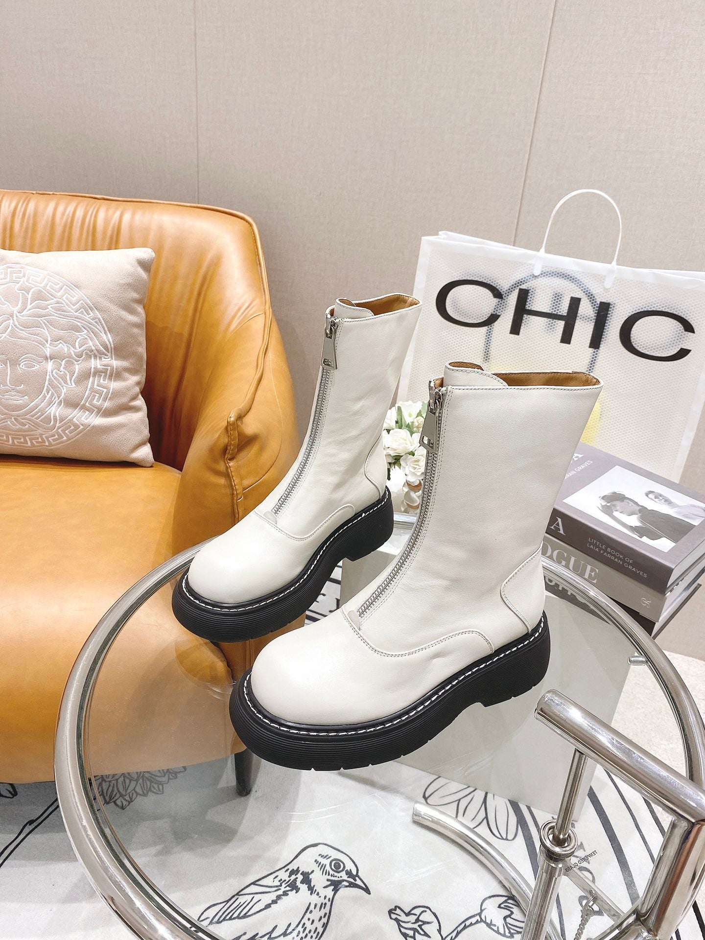 BV 26FW Chunky Platform Ankle Boots 5cm Front Zip Leather 164459