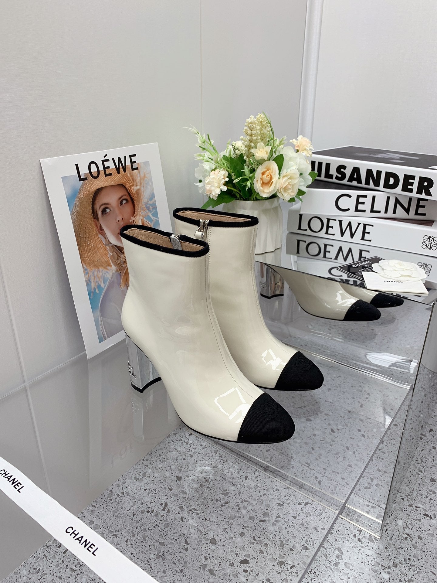 CC 2026 Bicolor Cap-Toe Boots 85mm Patent Leather 162120