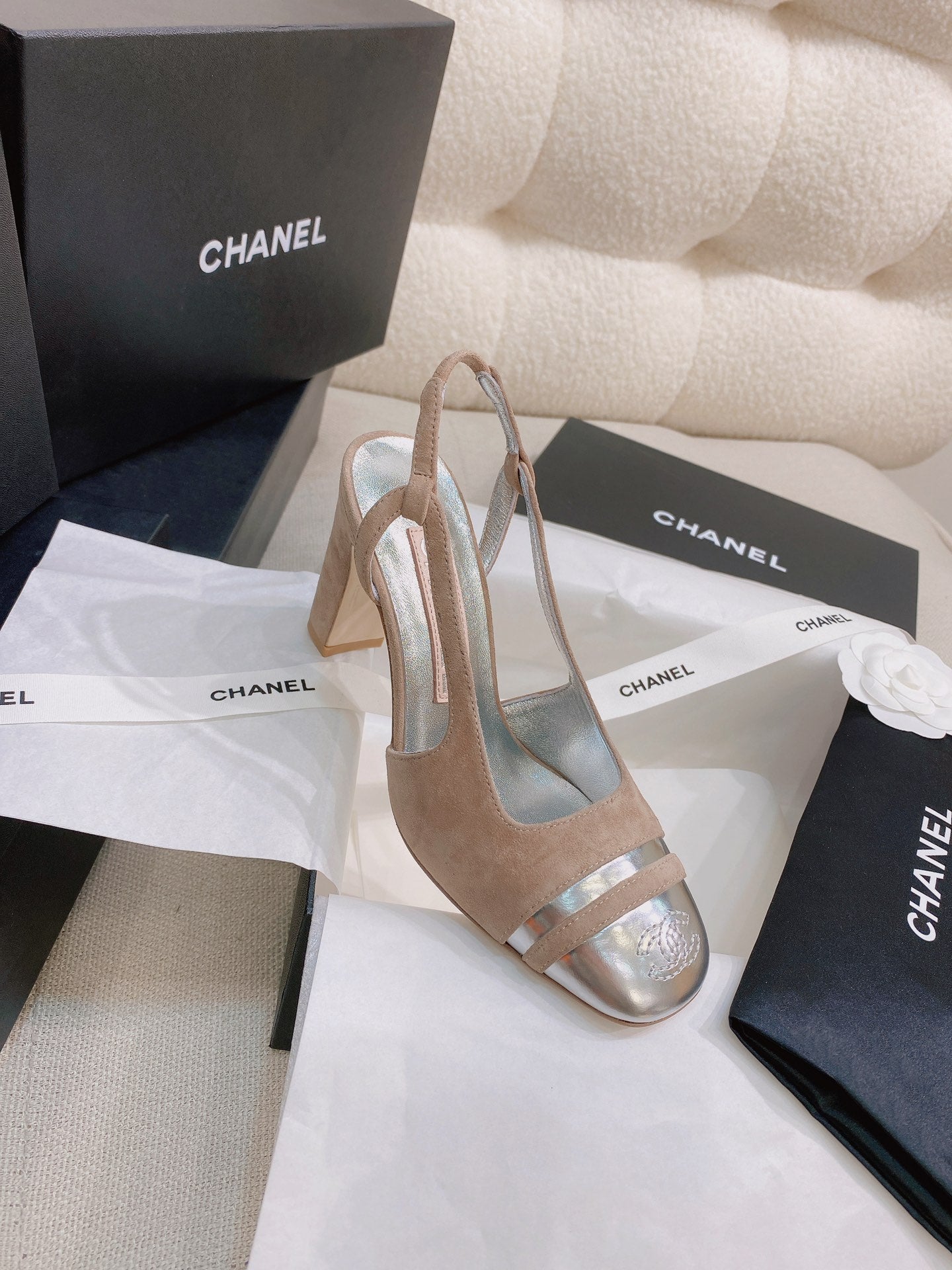 CC 26S Slingback Flats Square-Toe 9cm Colorblock Suede Leather 156339