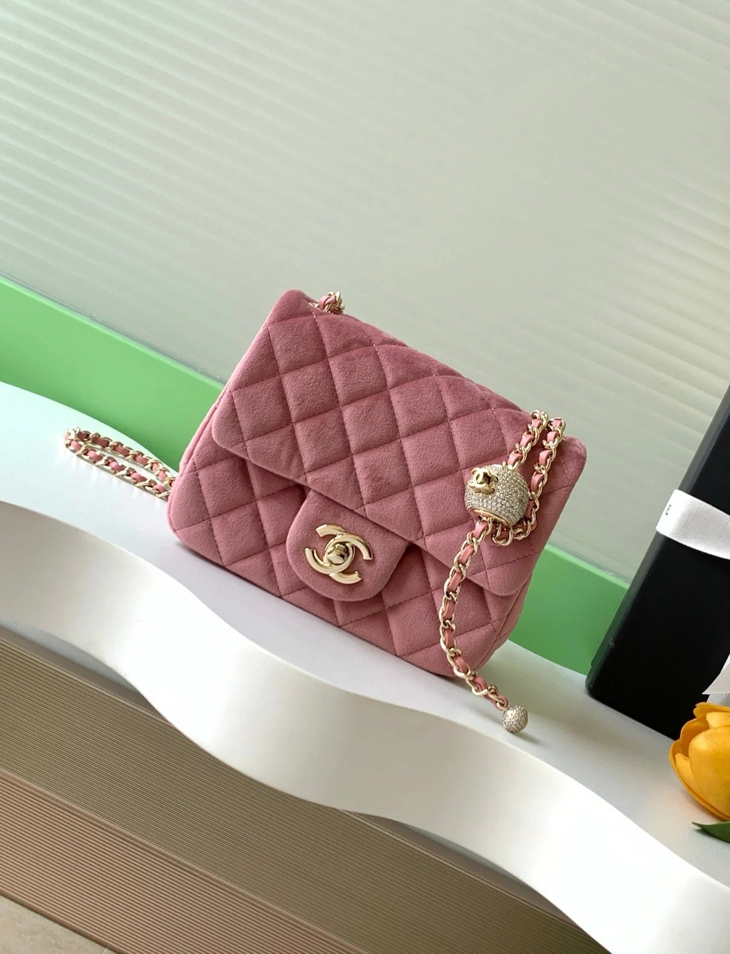 CC 2026 Pearl Crush Mini Square Flap 18cm Velvet Leather