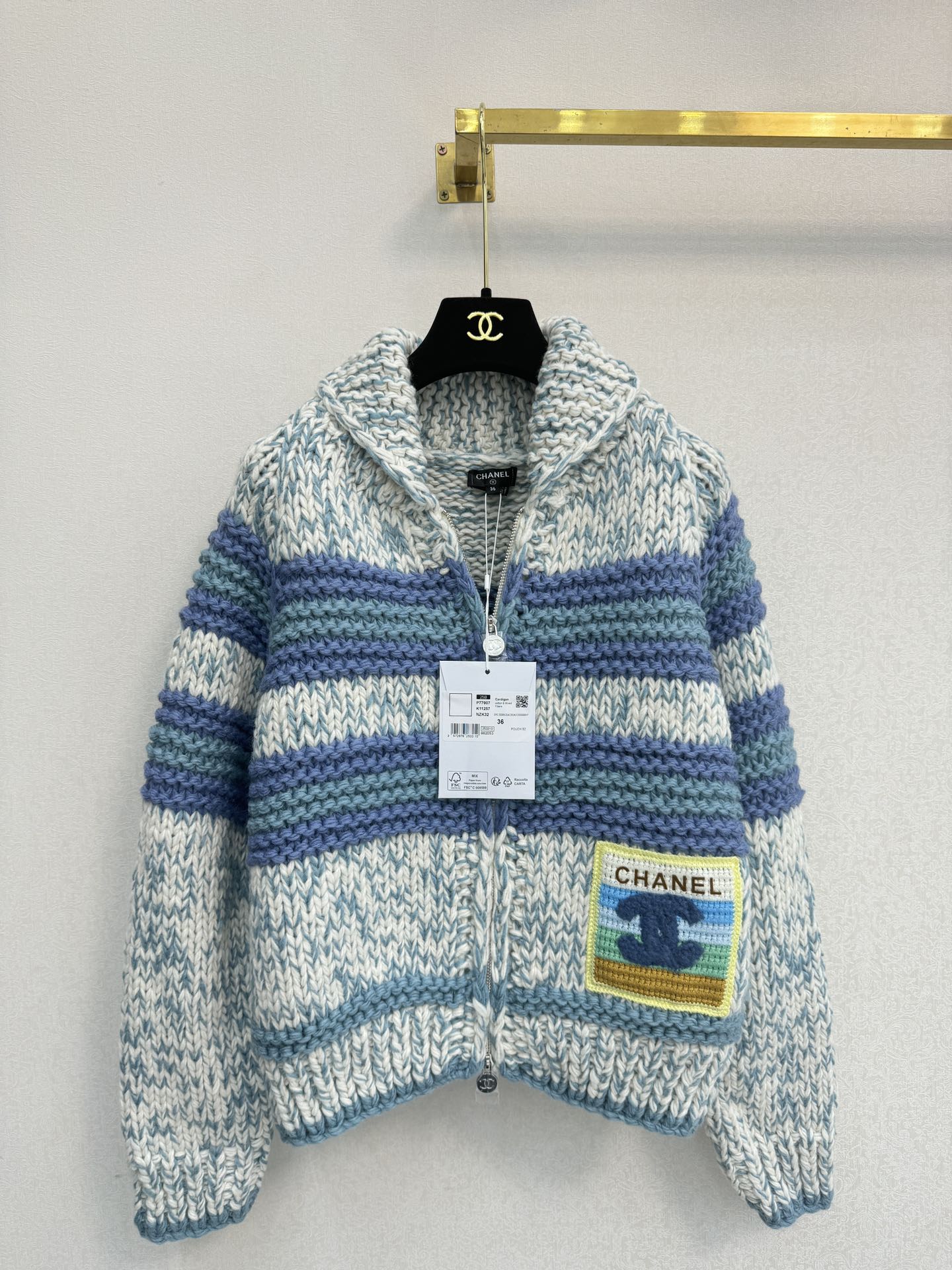 CC 26S Striped Knit Zip-Up Cardigan Shawl Collar Patch Pocket Cashmere 433499