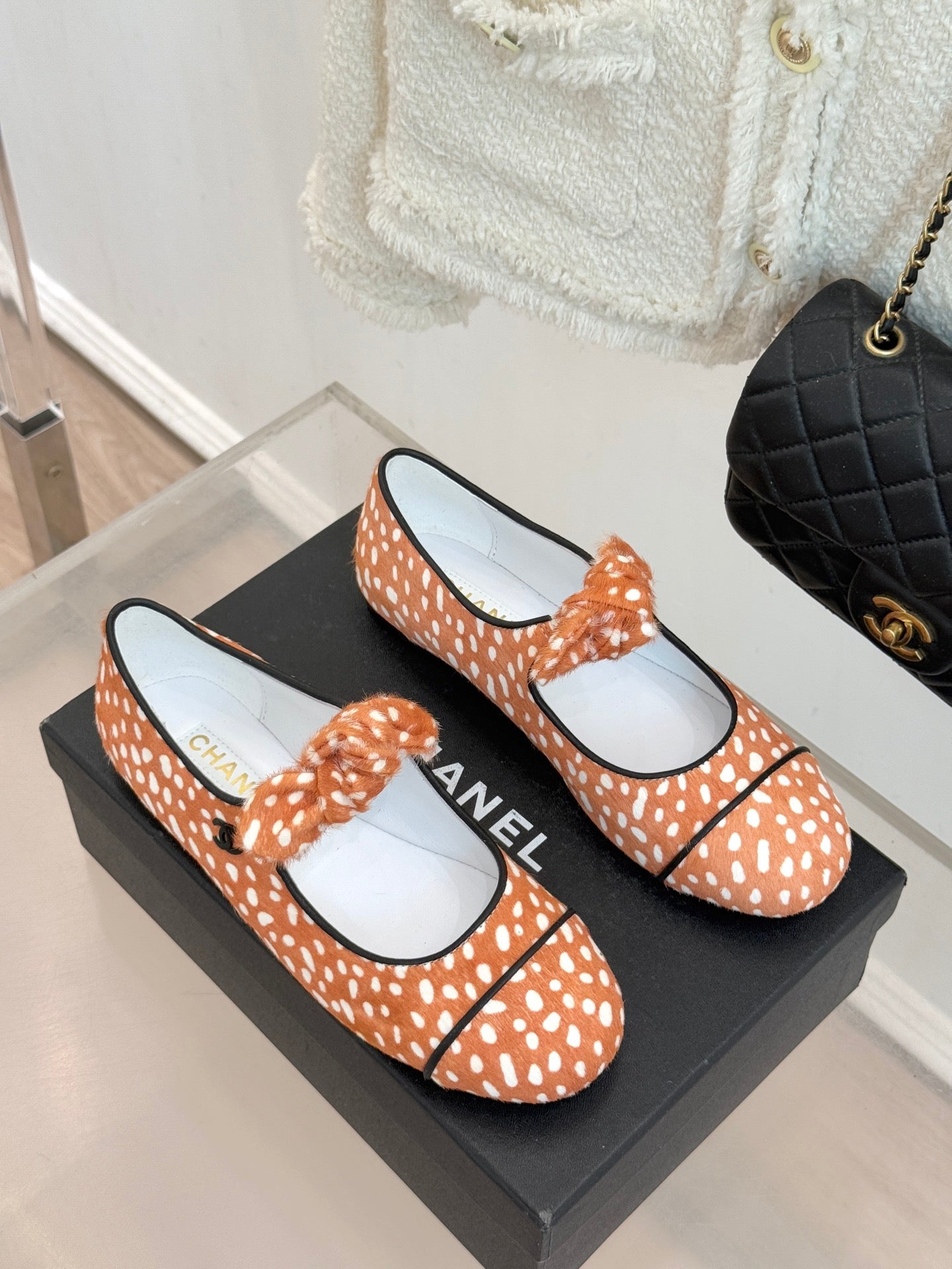 CC Leopard Print Bunny-Ear Mary Jane Flats Calfskin Pony Hair 841989