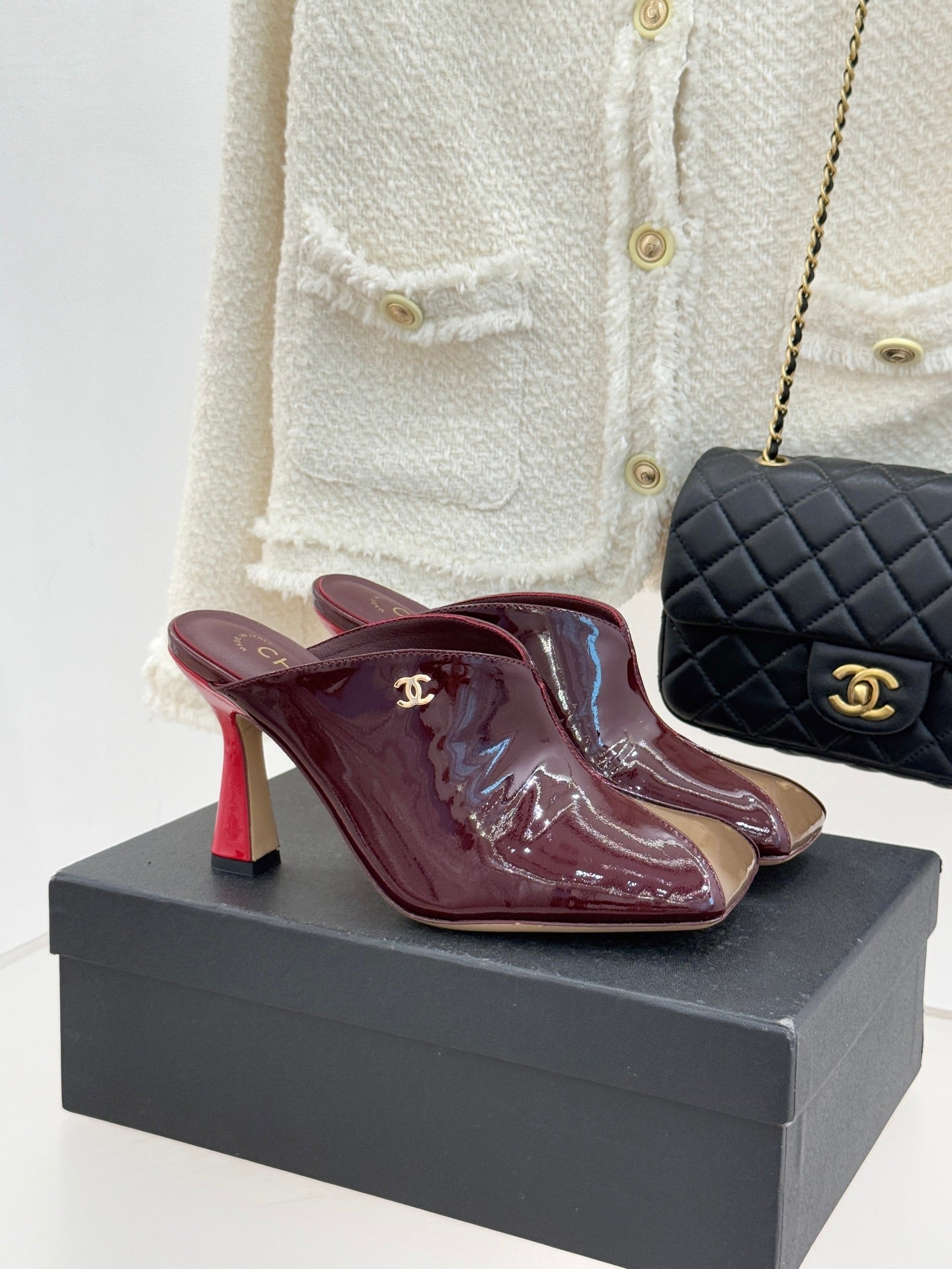 CC 26P Double C Color-Block Square-Toe Mule Slippers Patent Calfskin 841995
