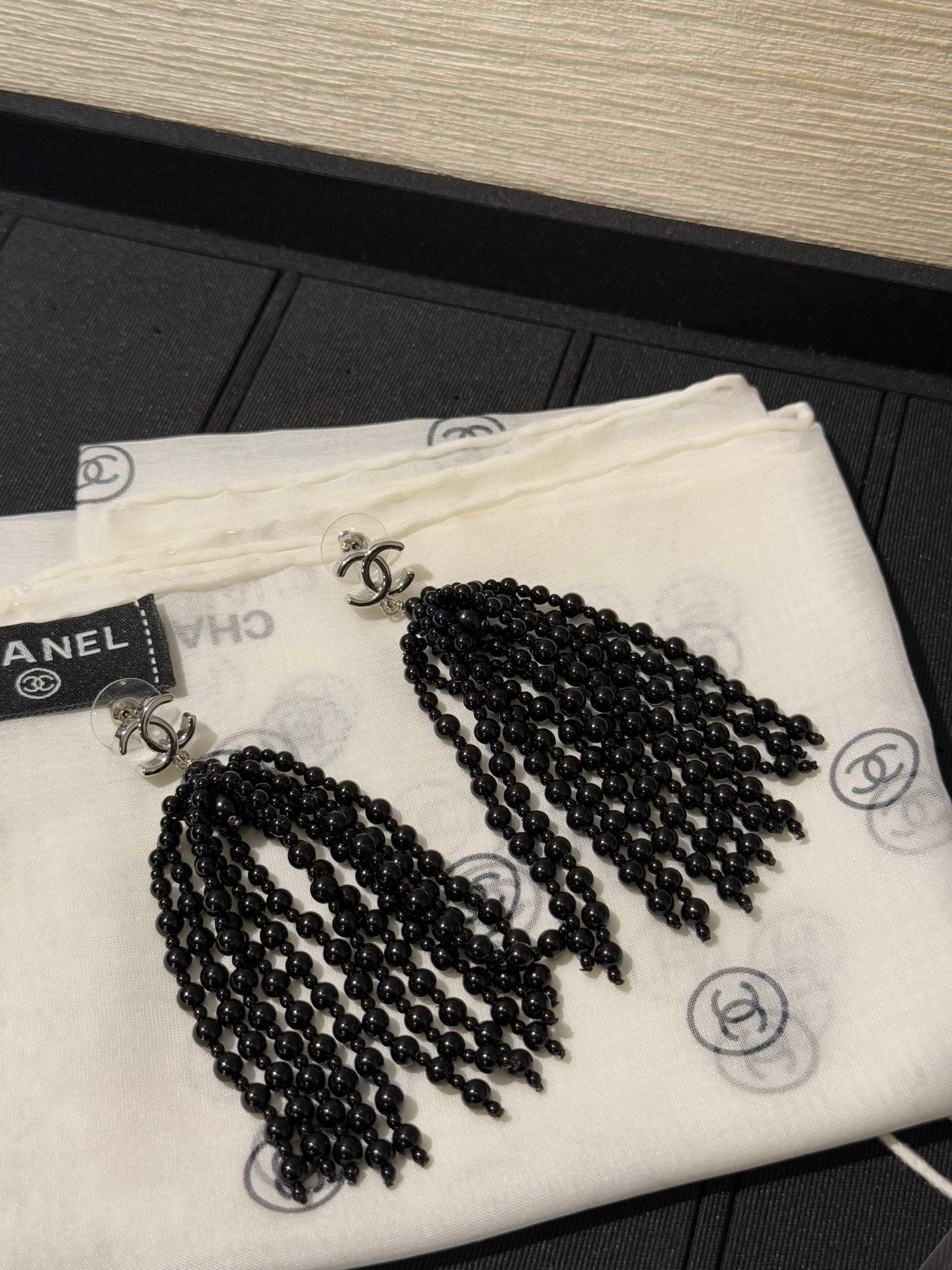 Chanel 2026 Black Beaded Tassel Earrings with Gold Double C Long Earrings