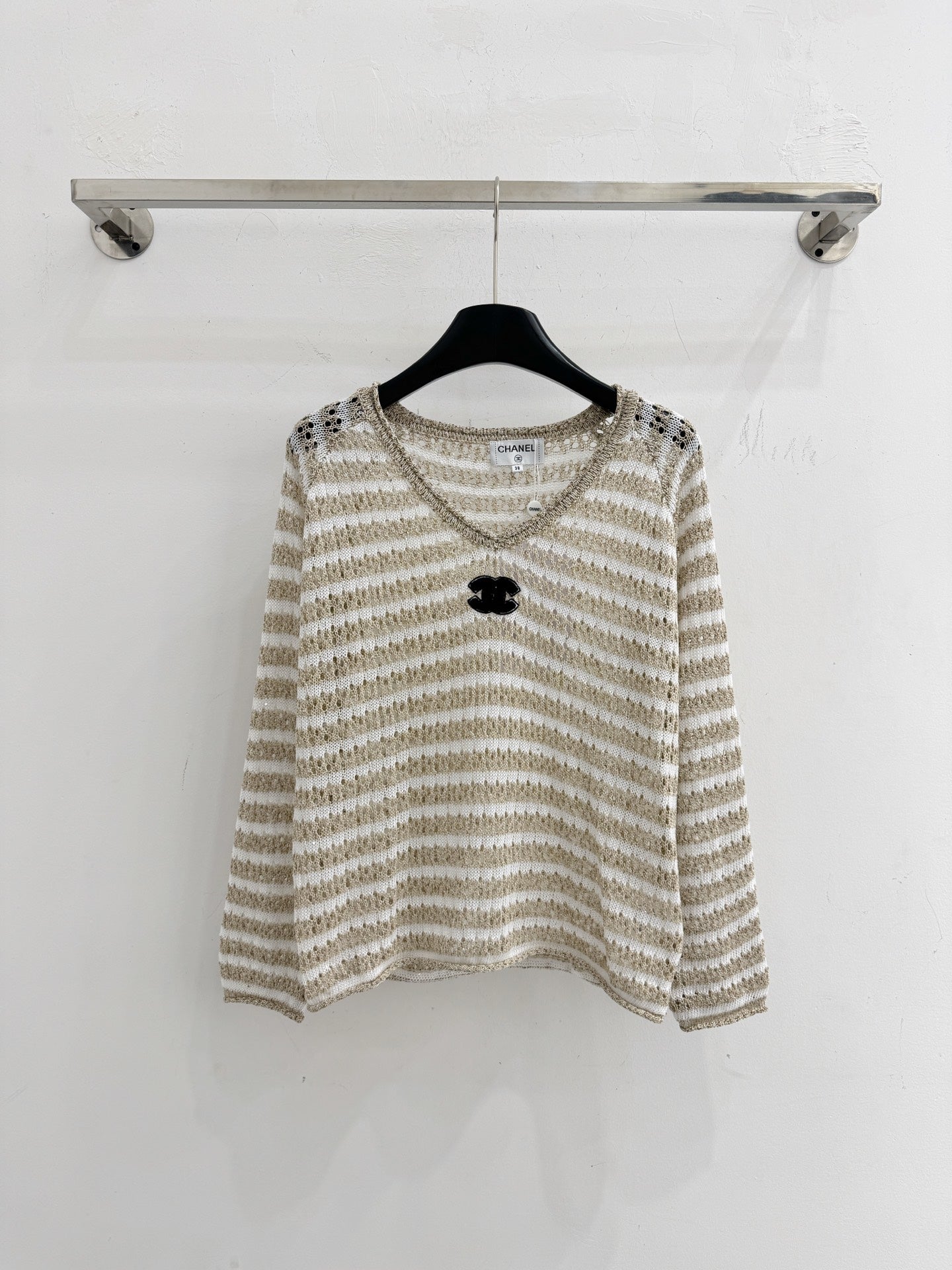 CC Striped V-Neck Sweater Double C Logo Wool 801965