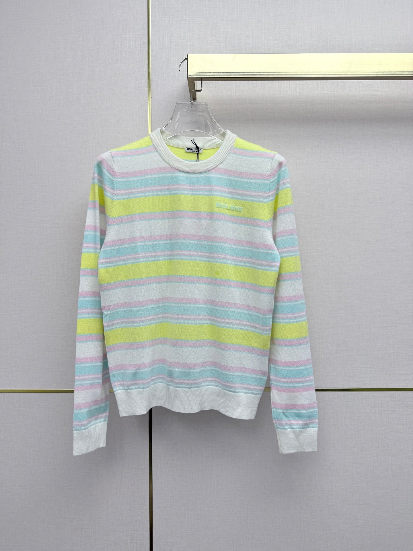 Miu 26SS Multi-Stripe Crewneck Sweater Pastel Multicolor Wool 437565