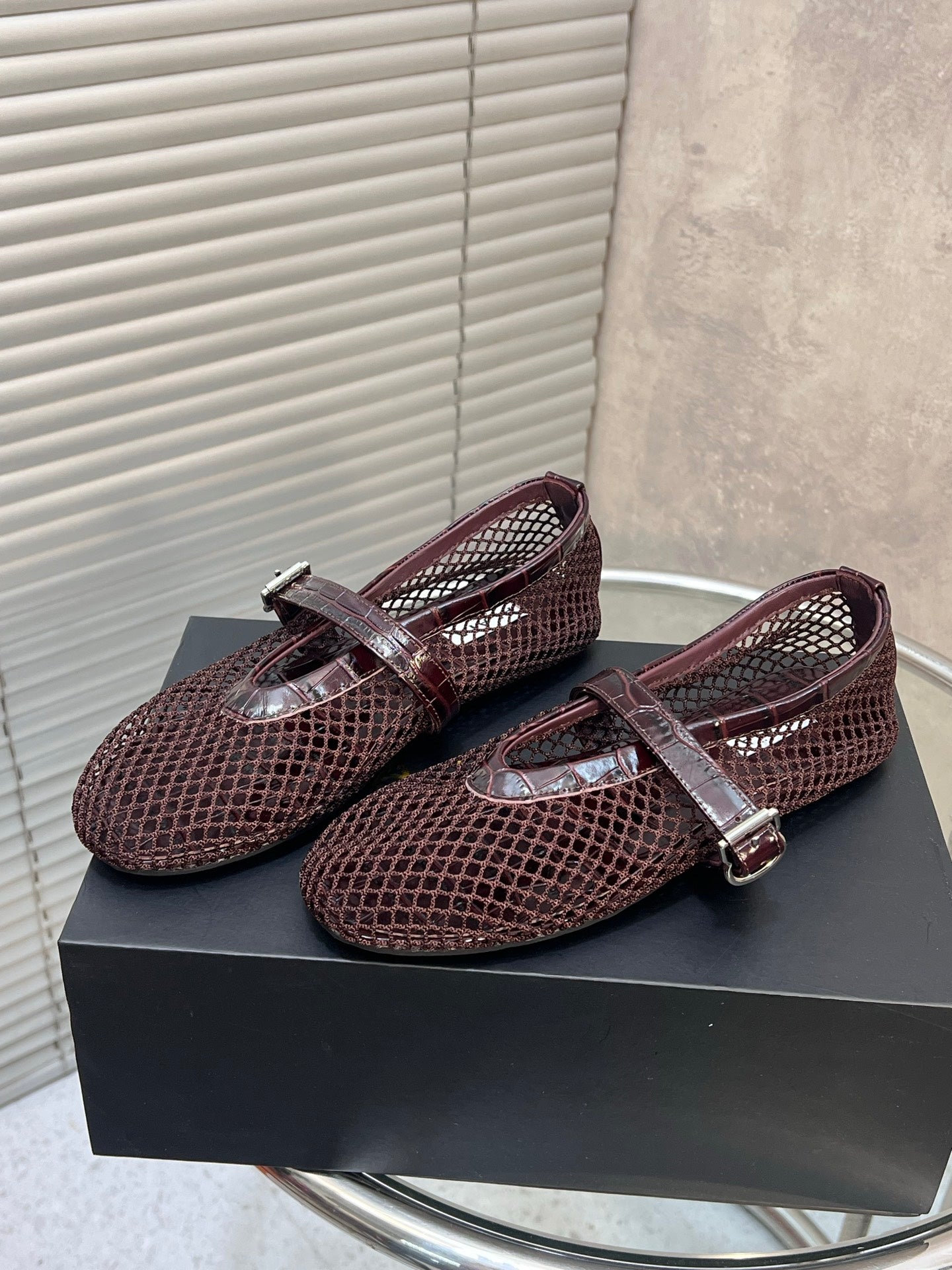 Alaia 26FW Fishnet Ballet Flats Crocodile-Embossed Calfskin Mesh 195858