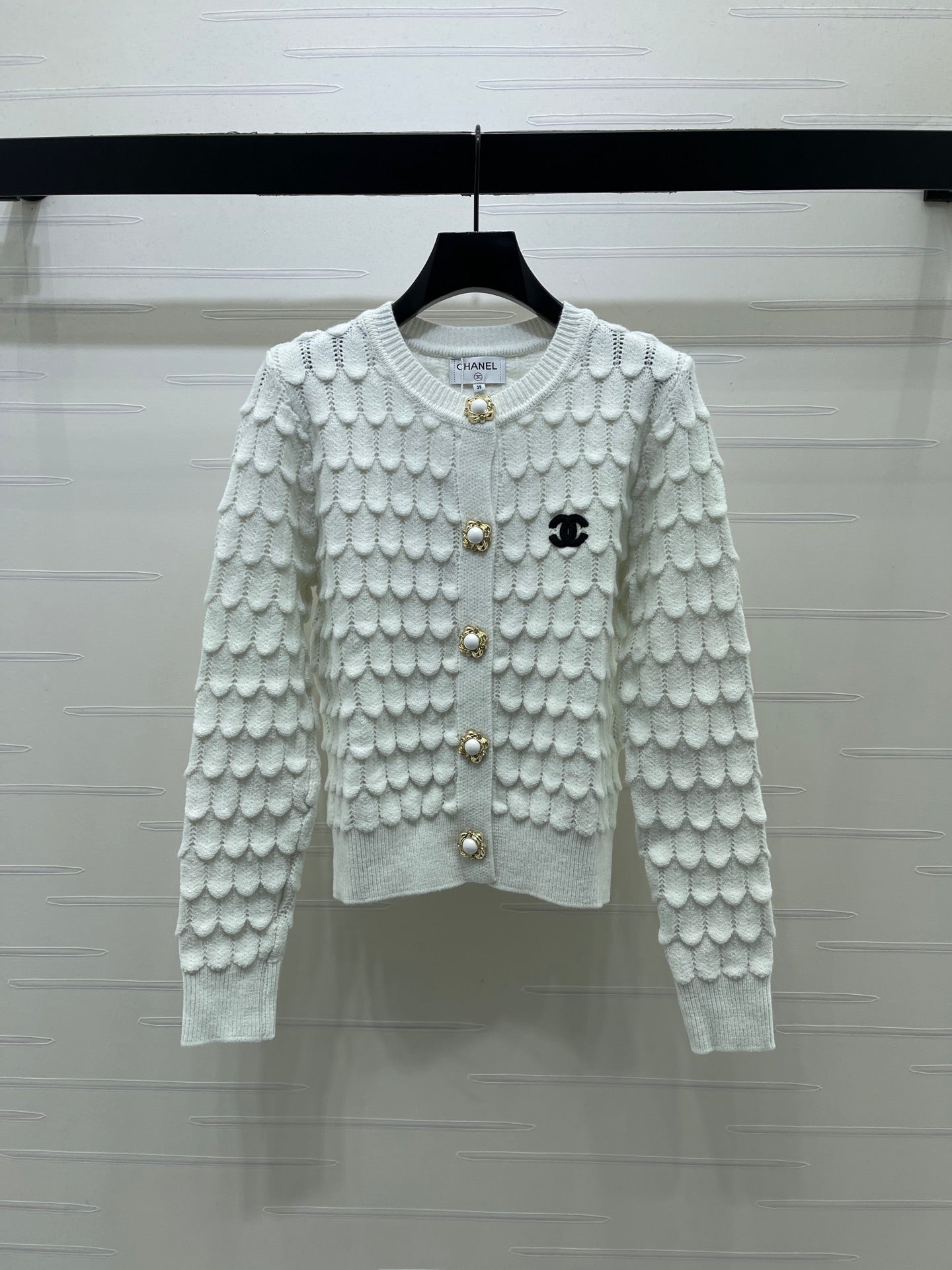 CC 26FW Crochet Feather Pattern Cardigan Contrast Trim Knitwear Wool Knitwear 446581