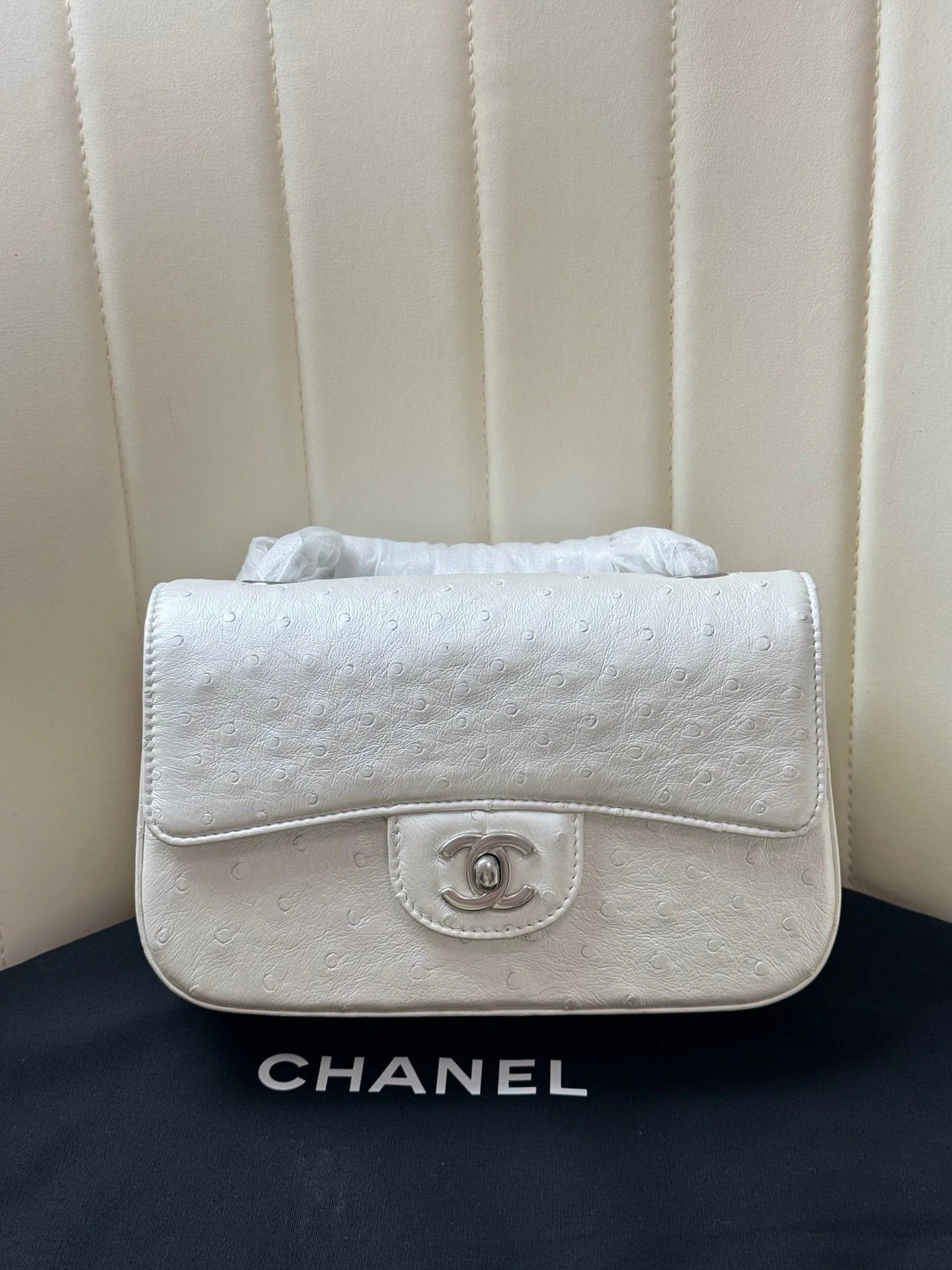 CC 2026s Flap Ostrich Embossed Bag 20cm Leather