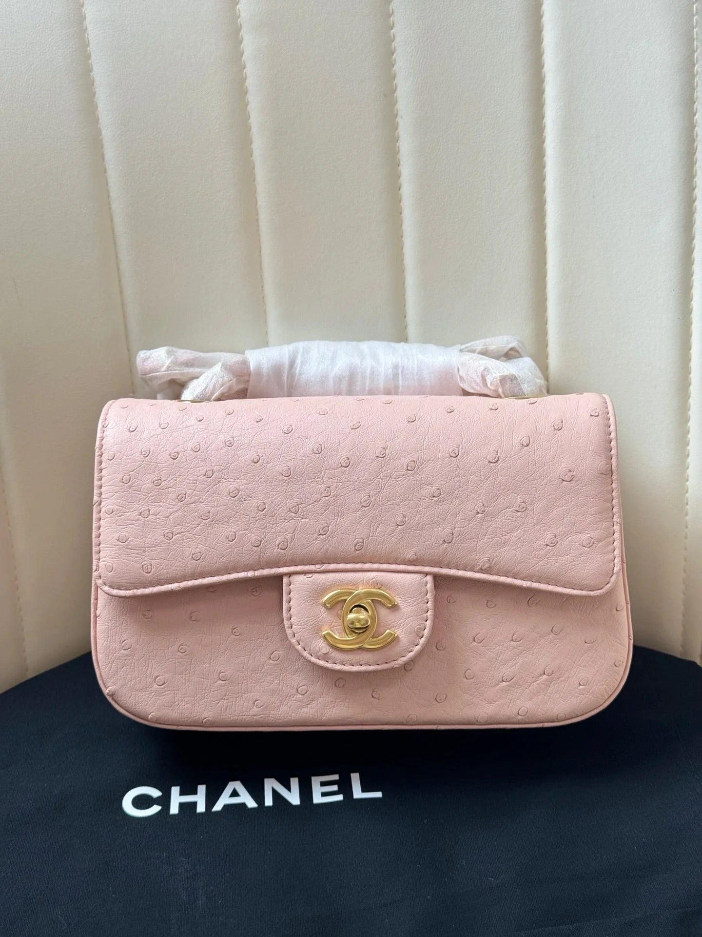 CC 2026s Flap Ostrich Embossed Bag 20cm Leather
