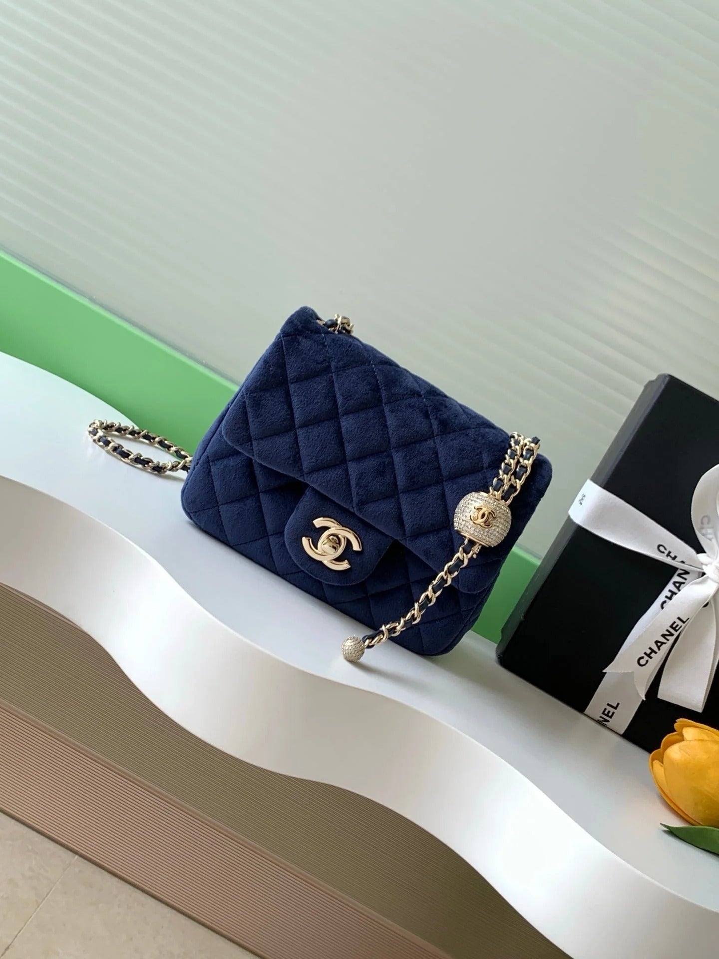 CC 2026 Pearl Crush Mini Square Flap 18cm Velvet Leather