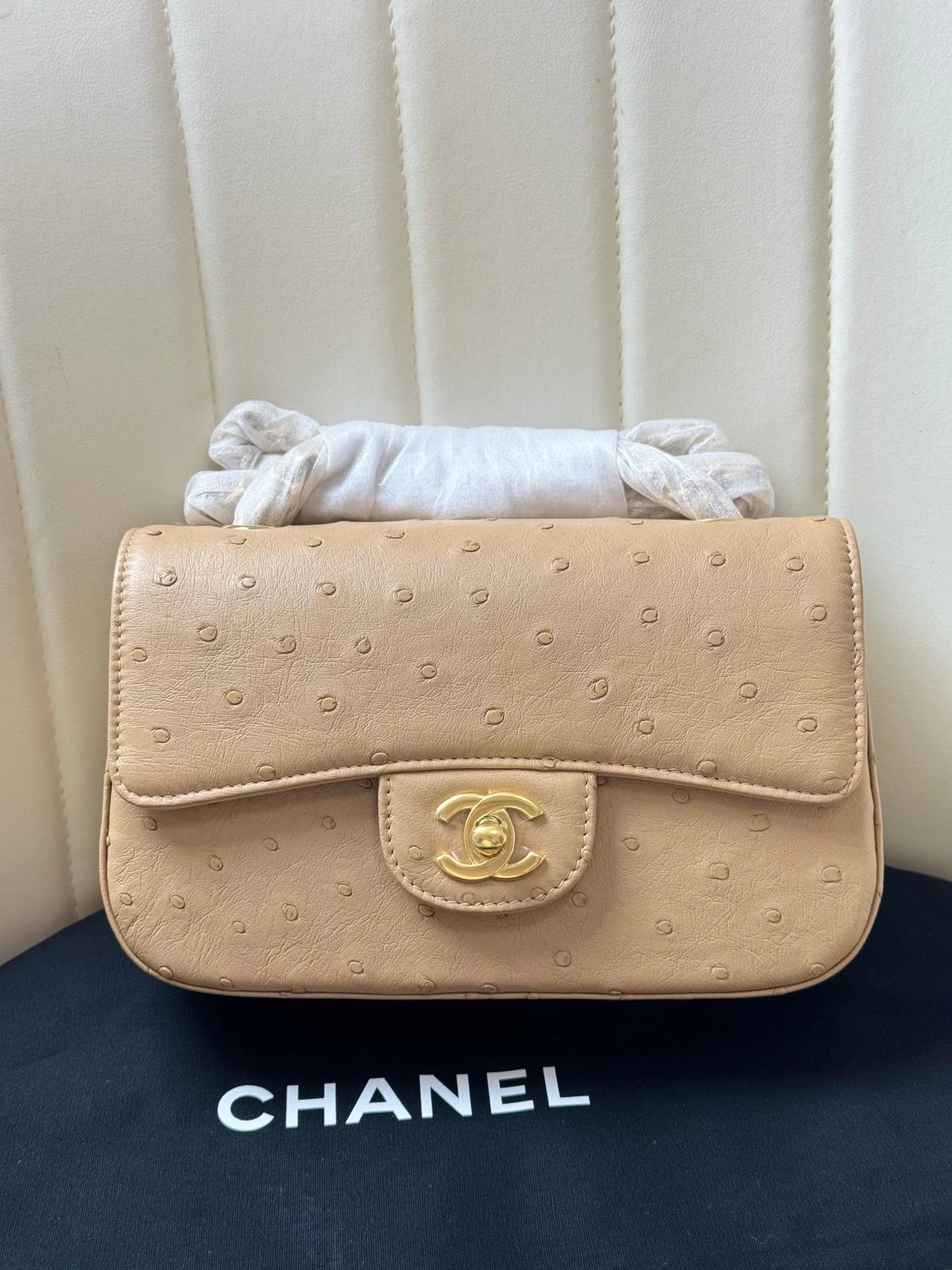CC 2026s Flap Ostrich Embossed Bag 20cm Leather