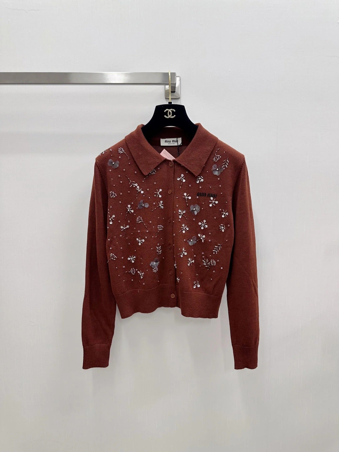 Miu 2026 Heavy Sequined Cardigan with Logo Pattern Embellishment Wool 838810