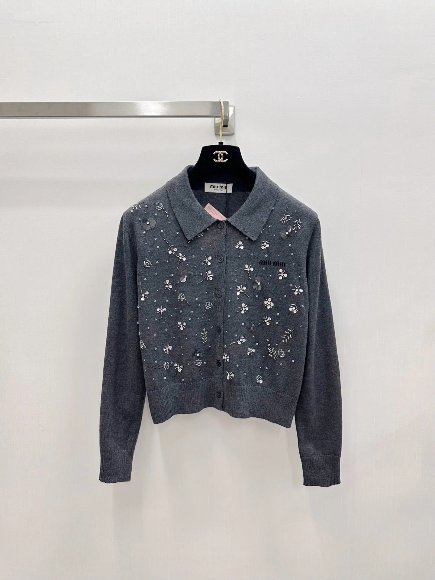 Miu 2026 Heavy Sequined Cardigan with Logo Pattern Embellishment Wool 838810