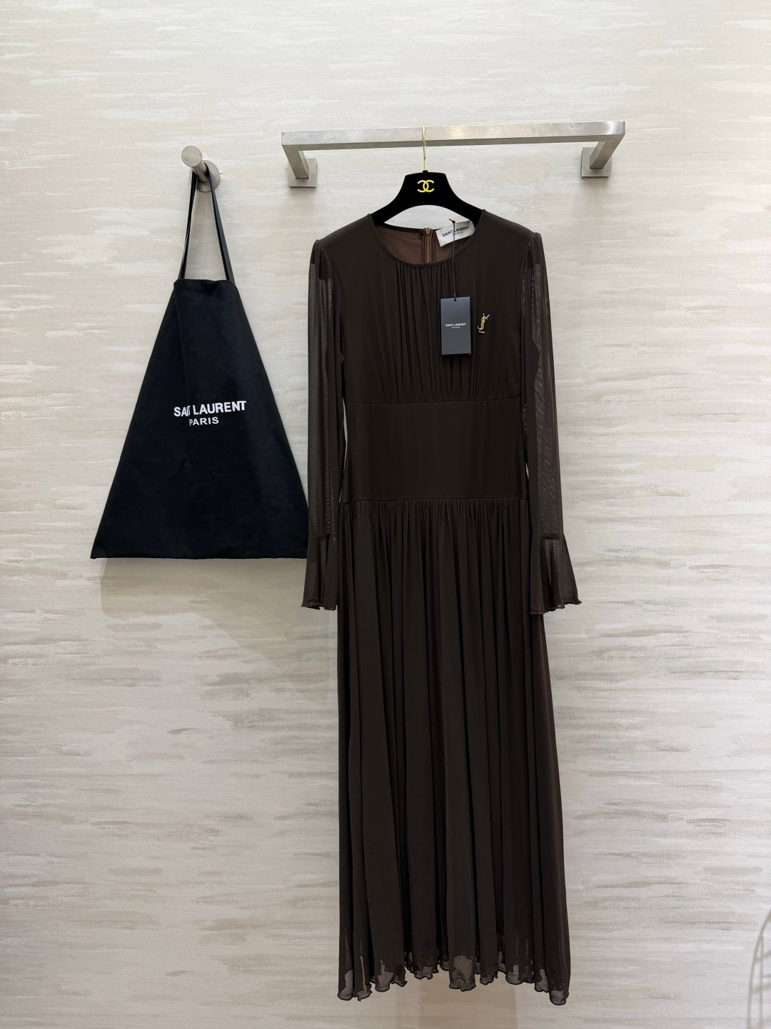 YSL 26S Pleated Silk Georgette Maxi Dress 428211
