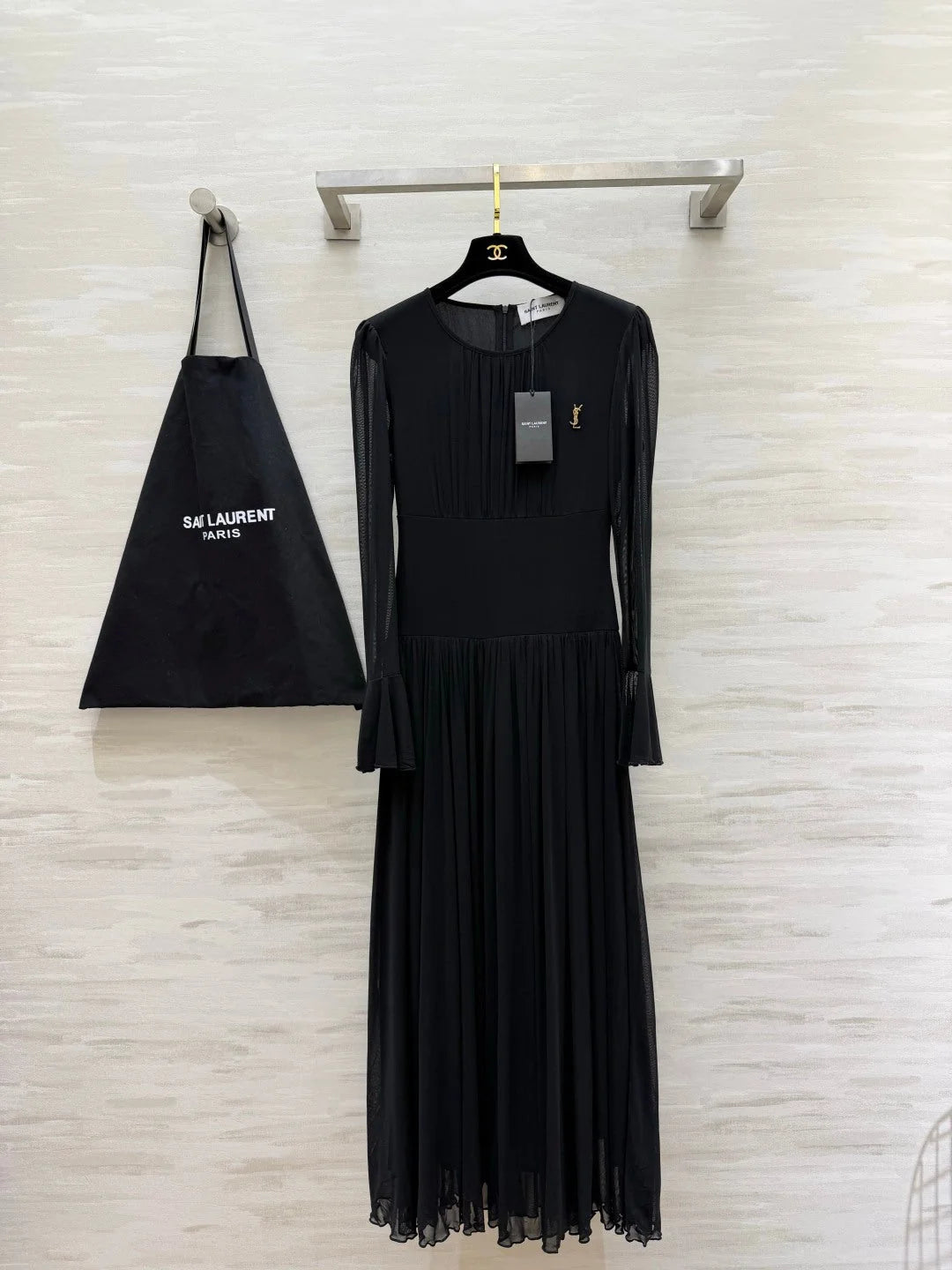 YSL 26S Pleated Silk Georgette Maxi Dress 428211