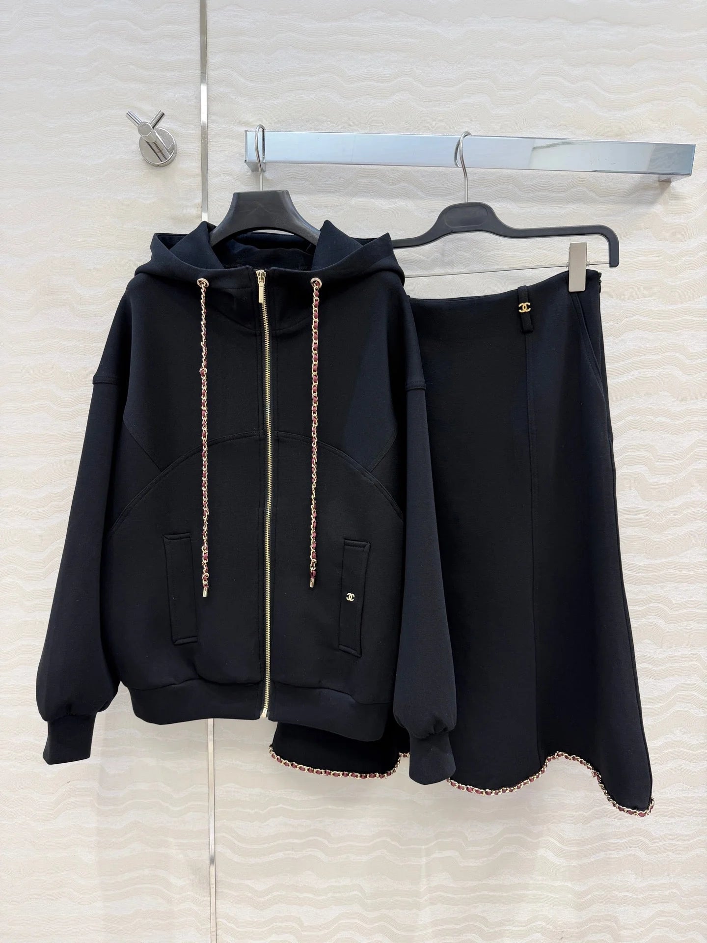 CC 26s Hooded Jacket Skirt Set Cotton Blend Chain Trim 442116