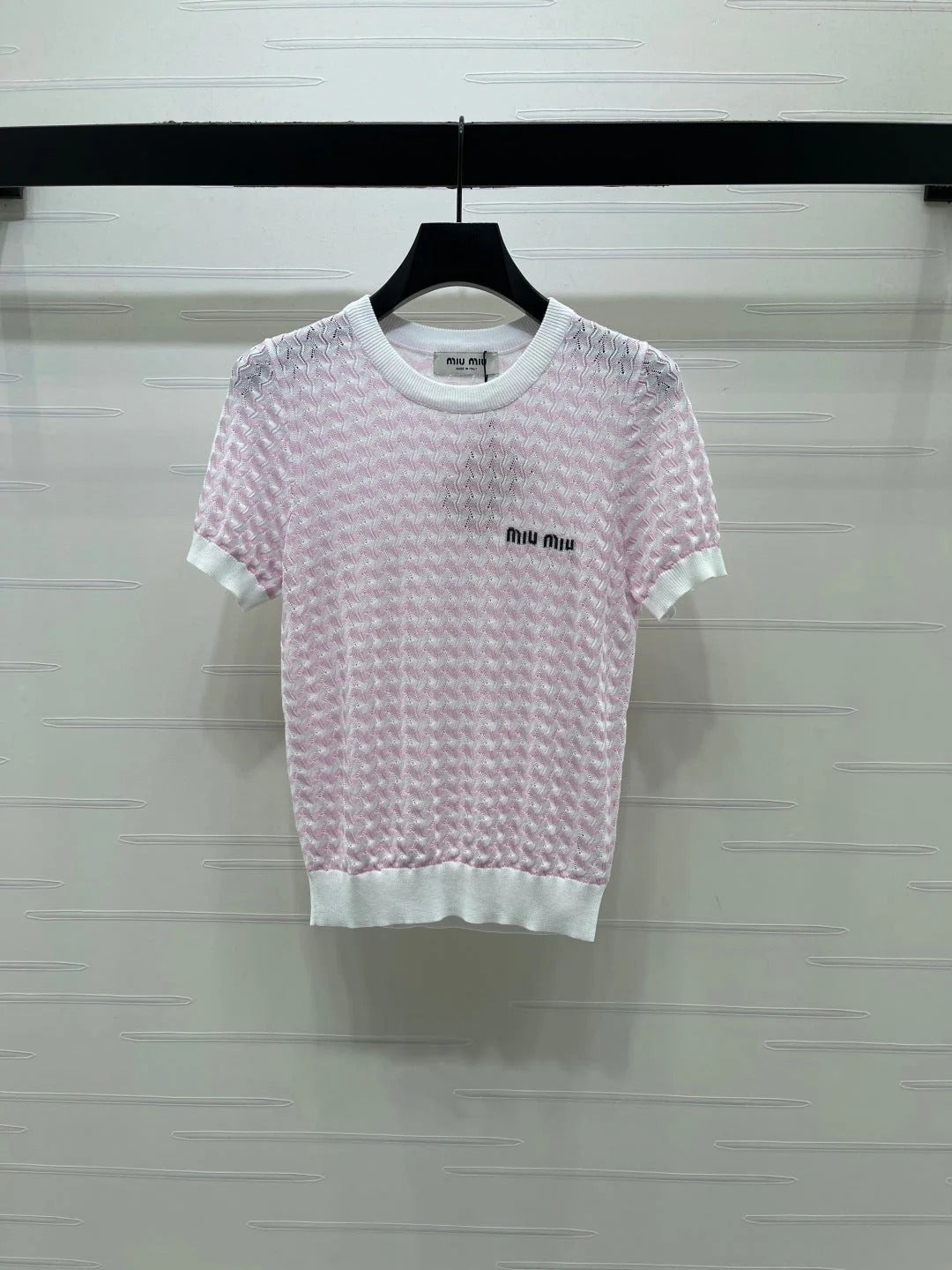 Miu 2026 Hollow-out Knit Short-sleeved Top Tencel Cotton 395656