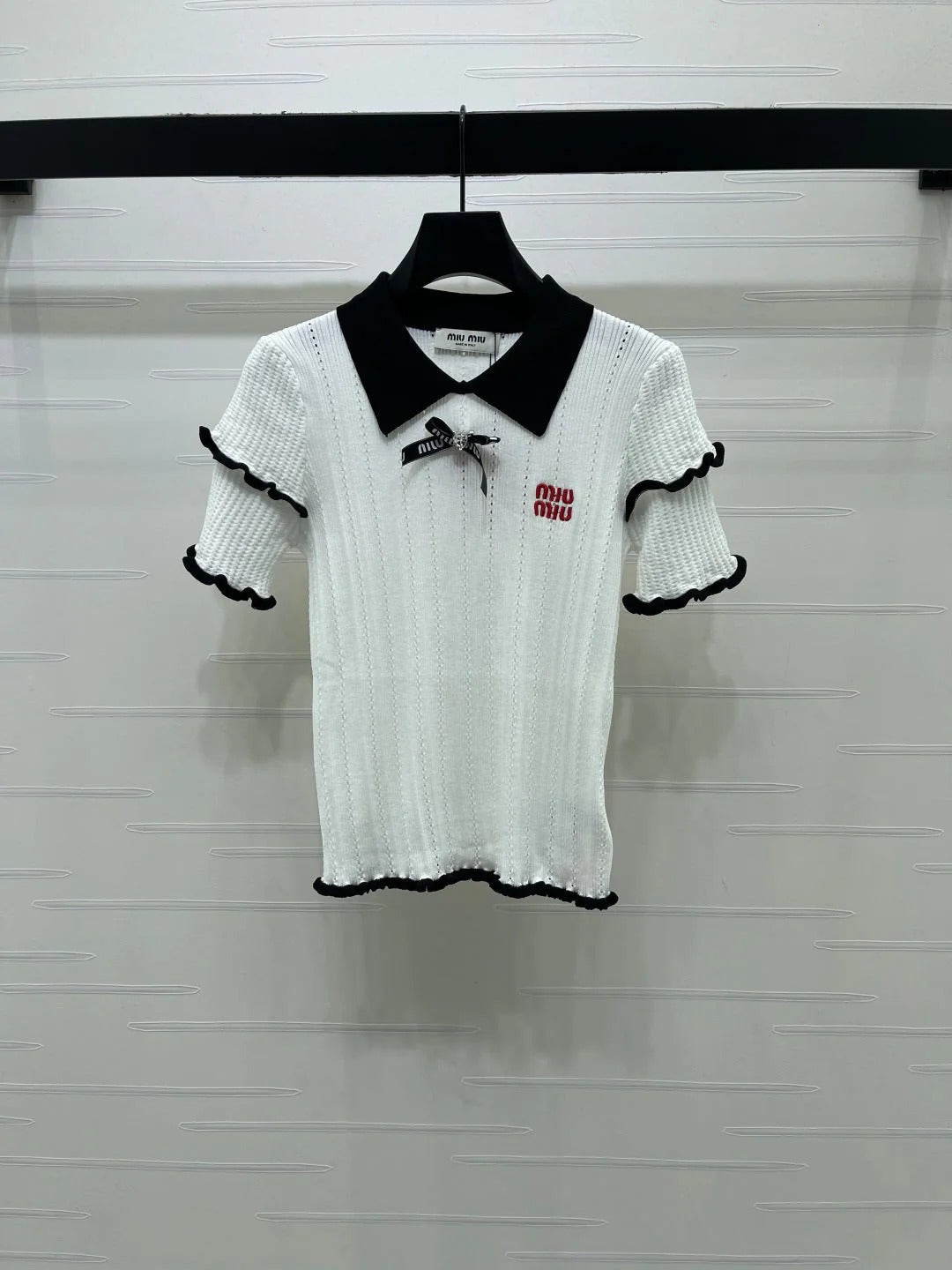Miu 2026 Knitted Polo Shirt With Black Bow Wool Cashmere 414394