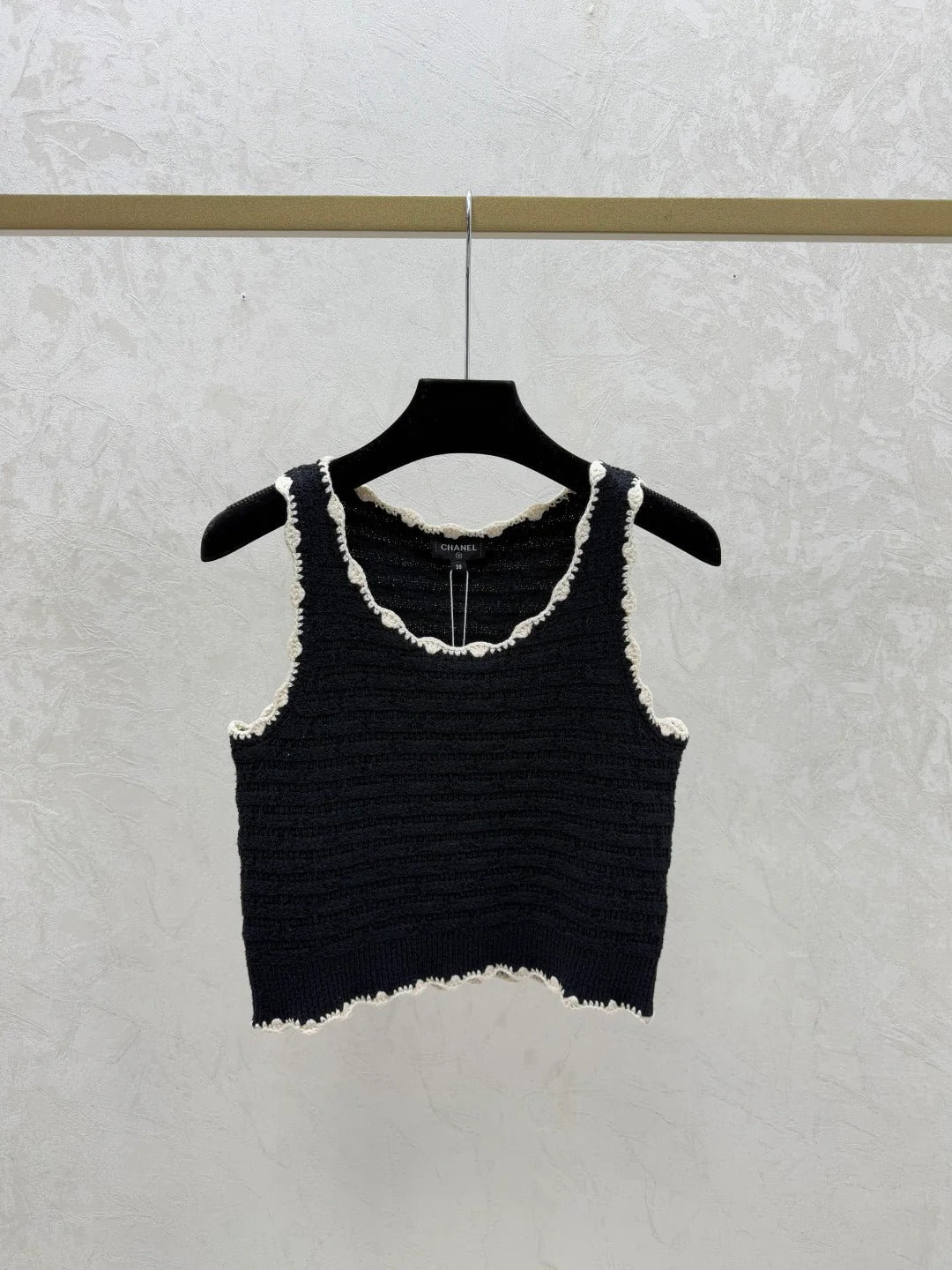 Chanel 2026 Crochet Knit Vest Black and Off-White Wool