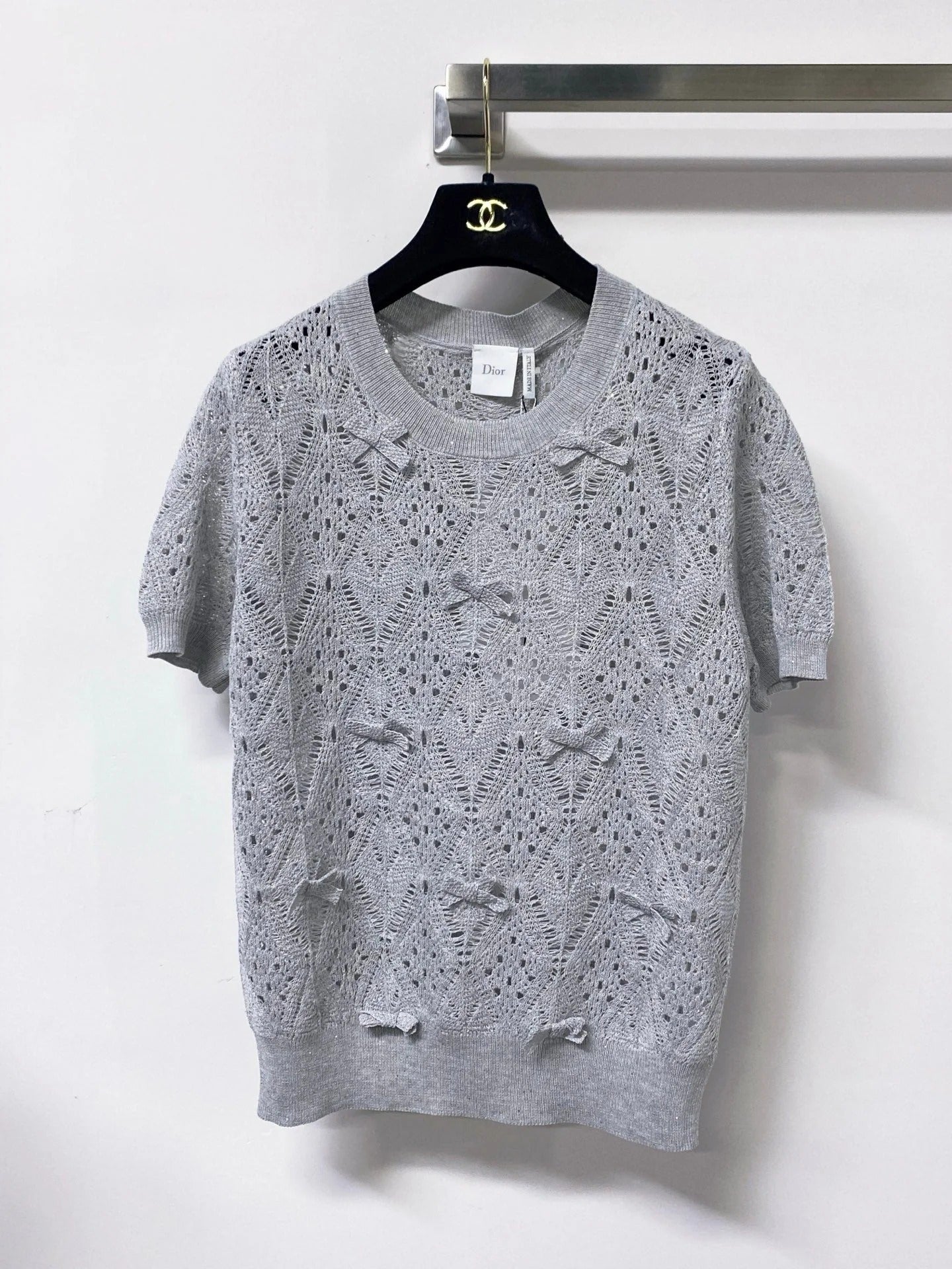 CD 2026 Openwork Lace Knit Short-Sleeve Top Bow Details 479896
