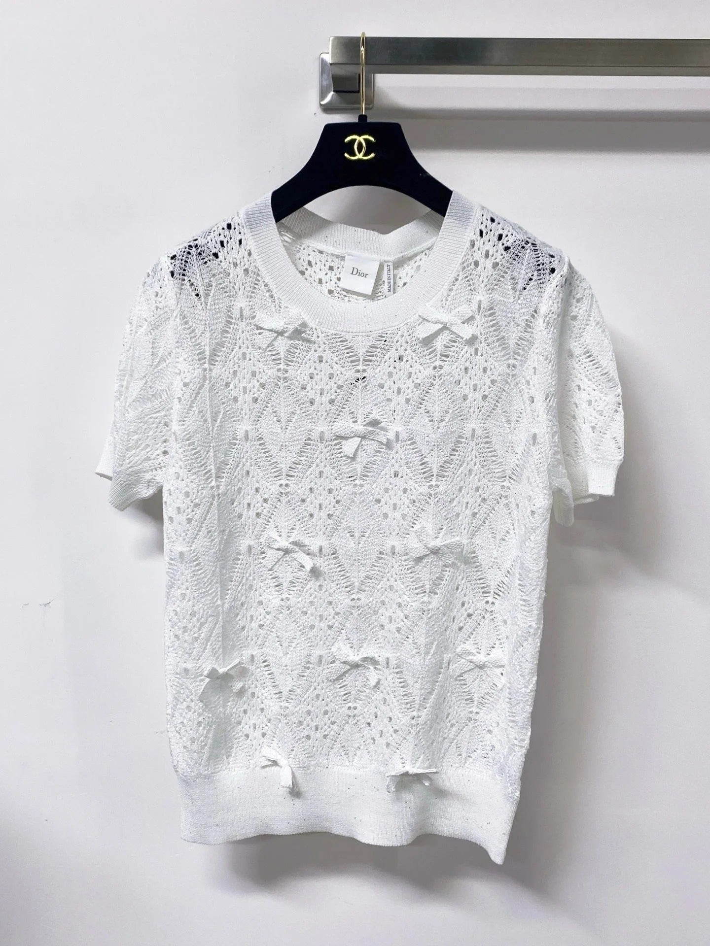 CD 2026 Openwork Lace Knit Short-Sleeve Top Bow Details 479896