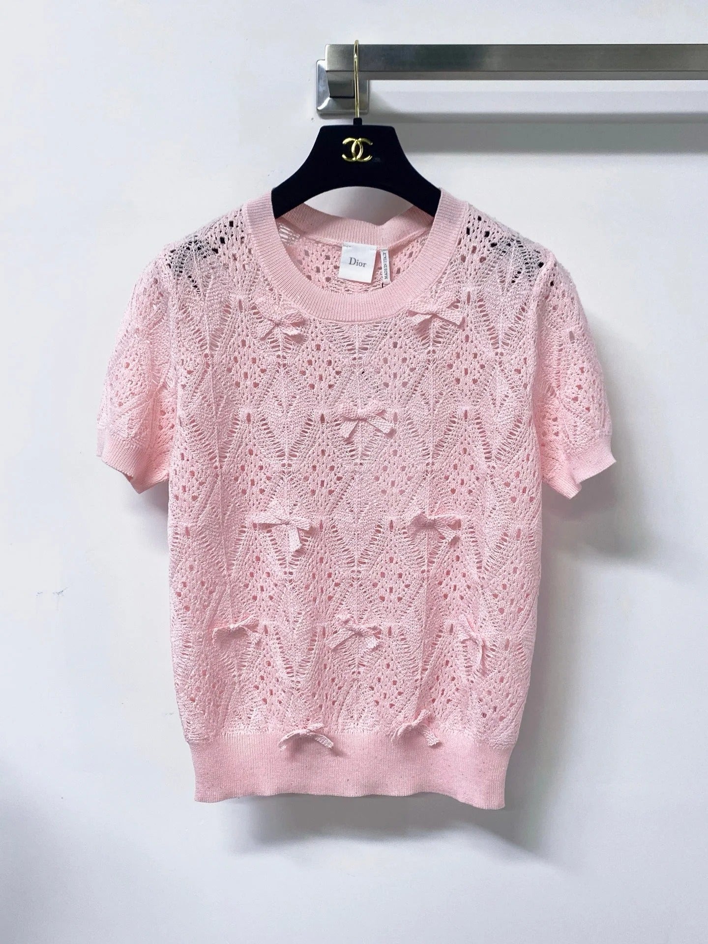 CD 2026 Openwork Lace Knit Short-Sleeve Top Bow Details 479896