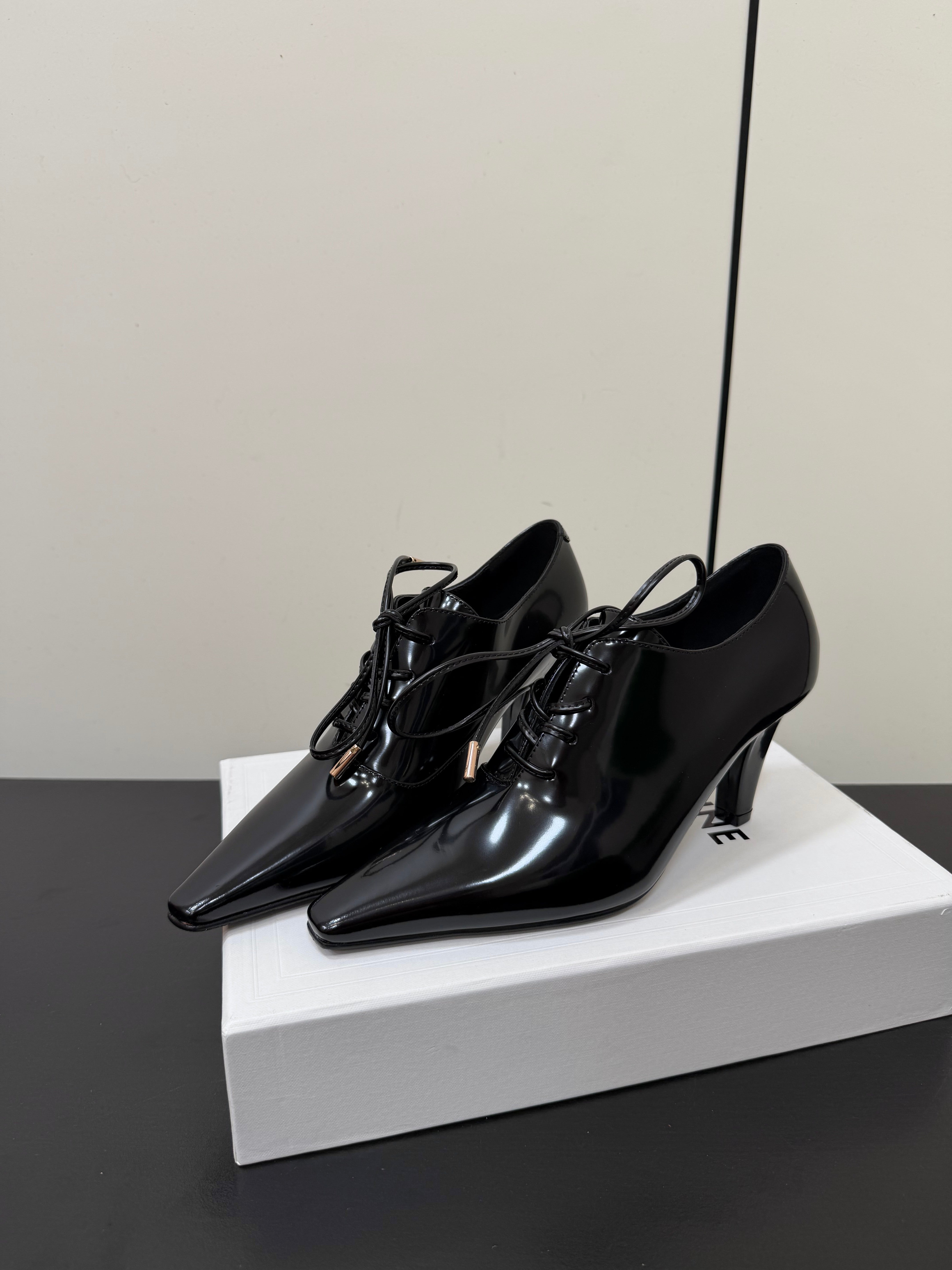 CE 26s Lace Up Pointed Toe Pumps Patent Calfskin
