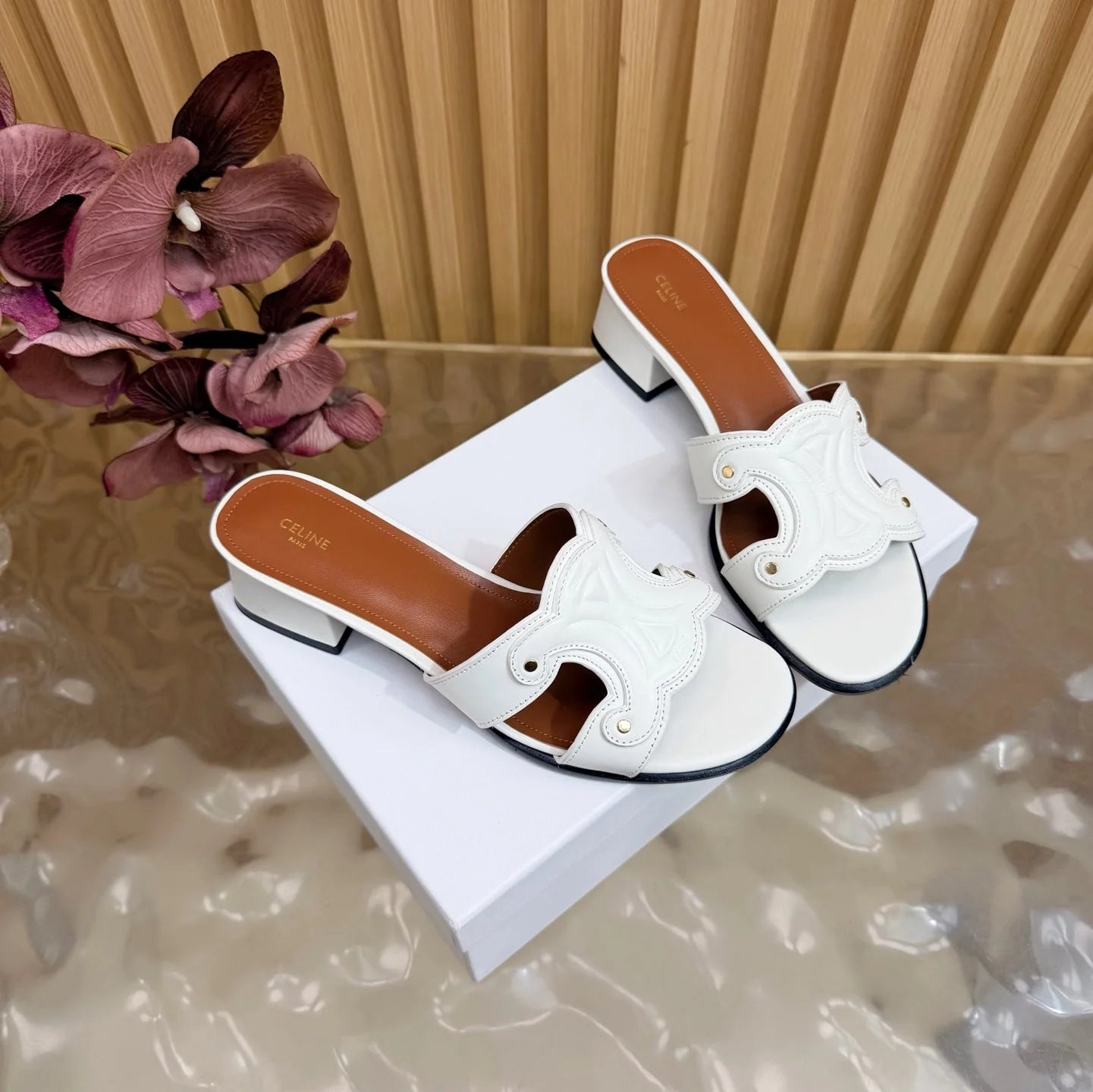 CE 26s Triomphe Block Heel Mules In Cognac Calfskin