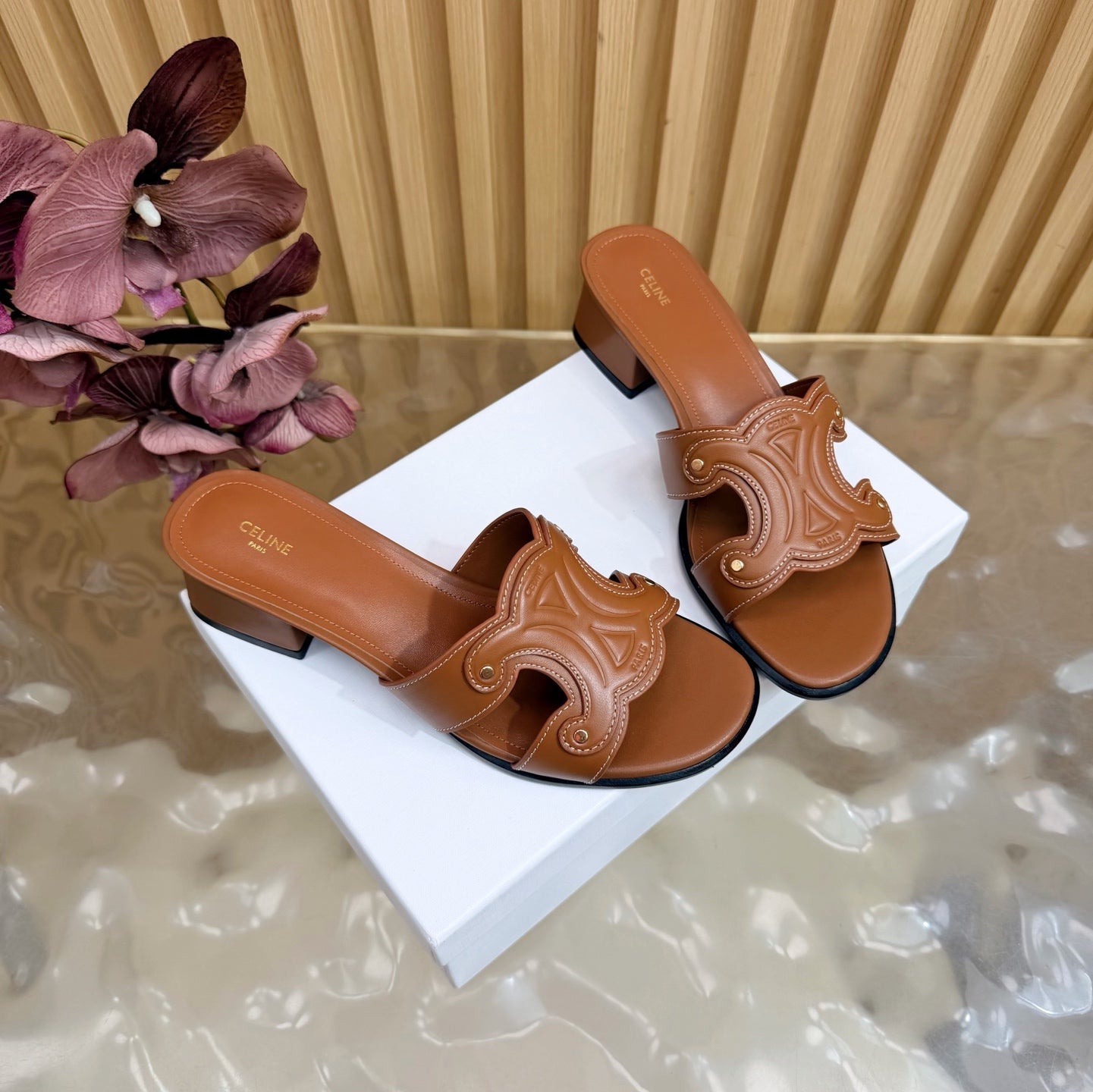 CE 26s Triomphe Block Heel Mules In Cognac Calfskin