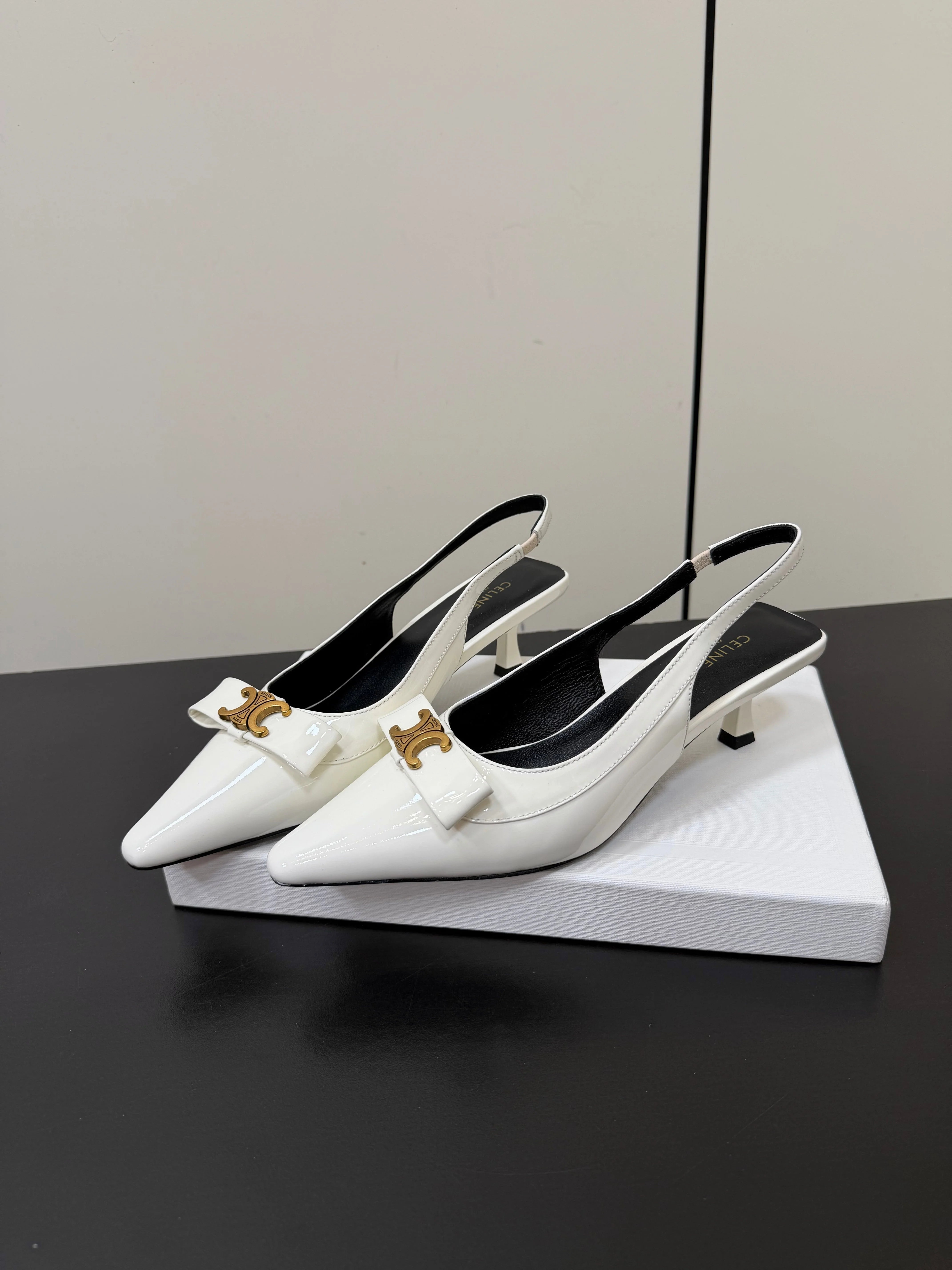 CE 26s Triomphe Slingback Pumps Patent Calfskin Gold Hardware