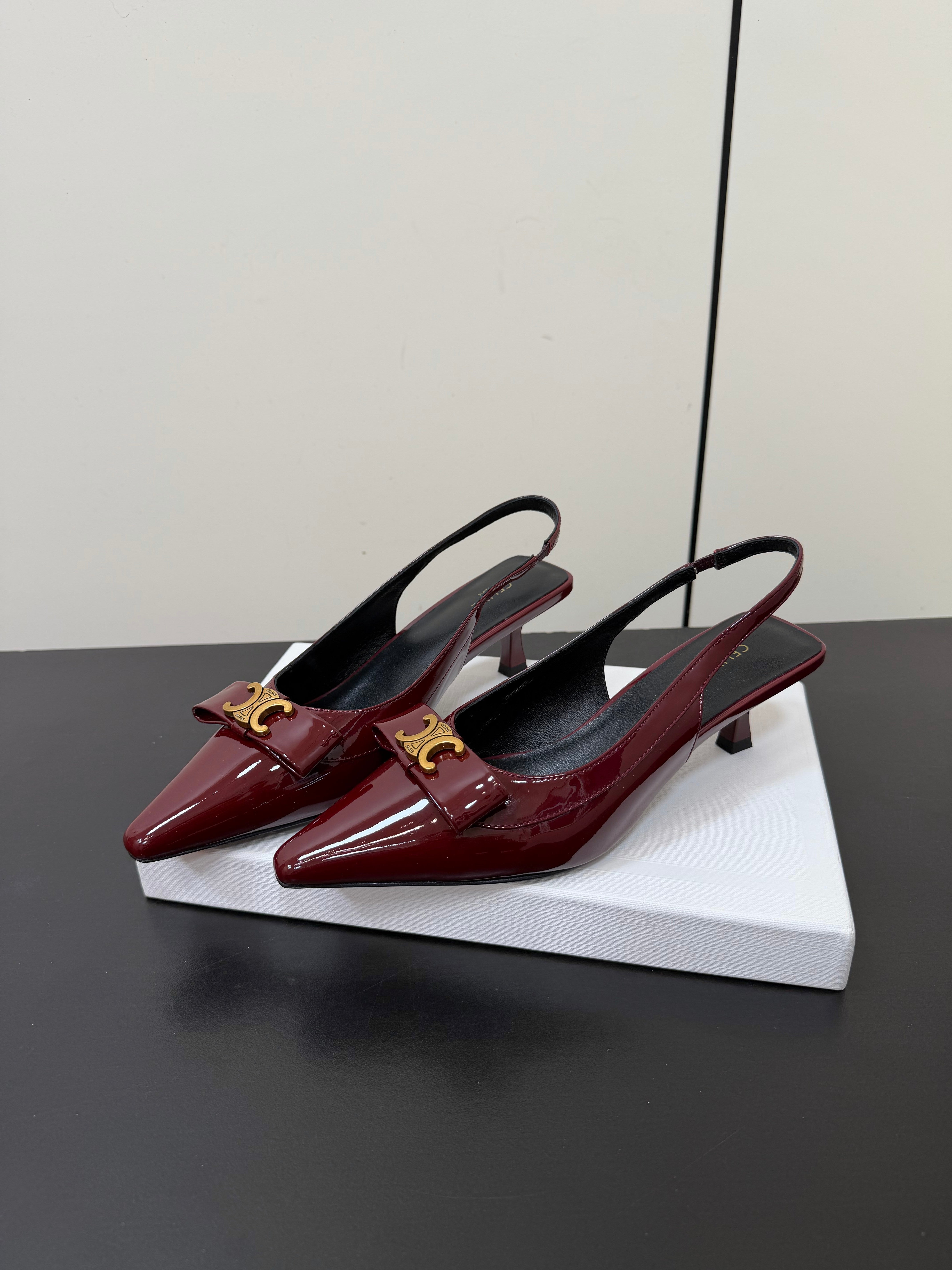 CE 26s Triomphe Slingback Pumps Patent Calfskin Gold Hardware