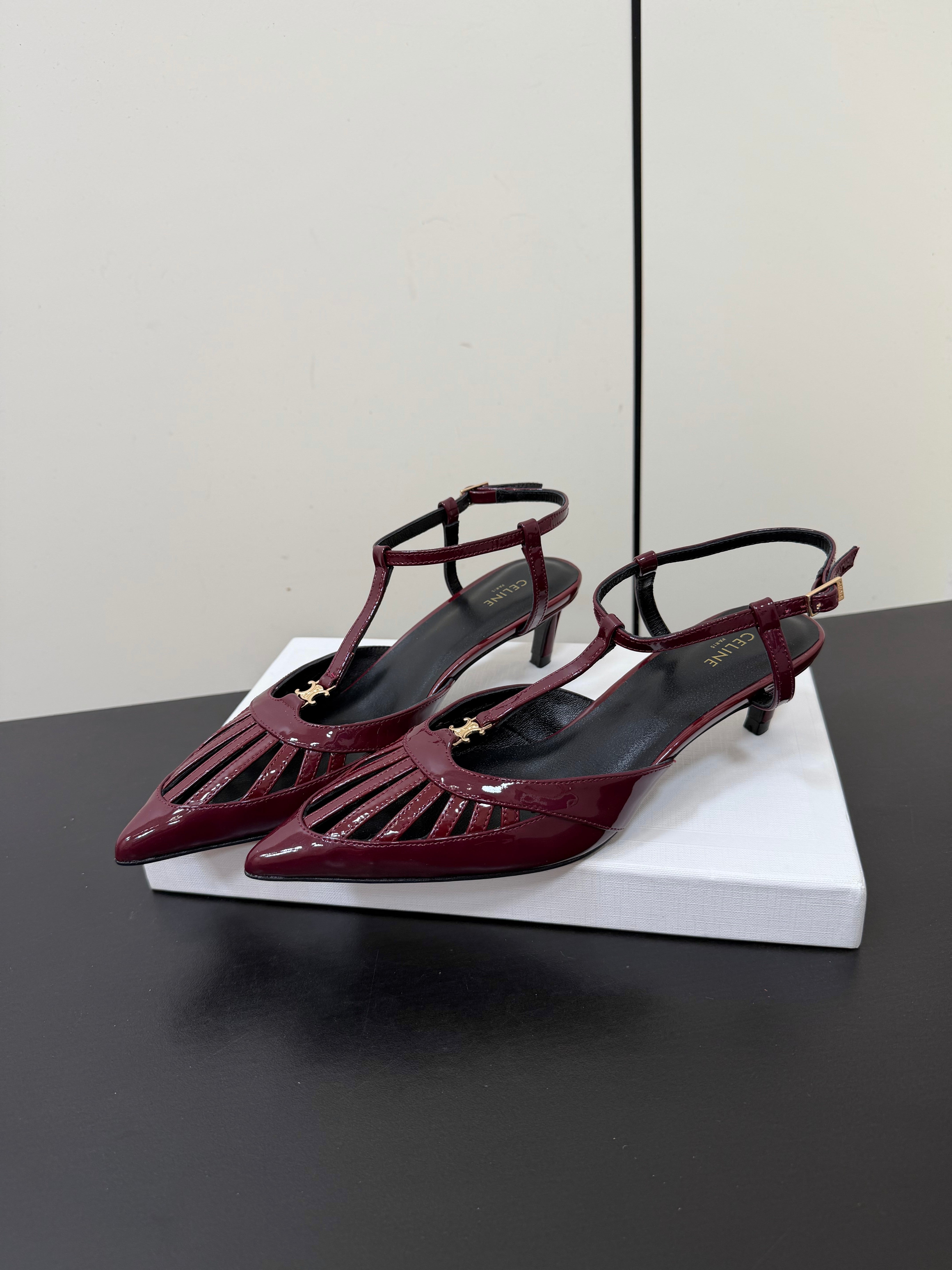 CE 26s Triomphe T-Strap Slingback Pumps Patent Calfskin